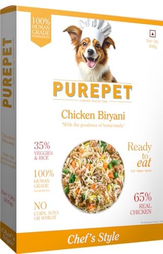 Purepet Fresh Dog Food 300 GMs, Chicken Biryani for Adults & Puppies, High Protein, 65% Real Chicken, 35% Veggies & Rice, No Preservatives, Ready to Serve, All Breeds, Single Meal Pack