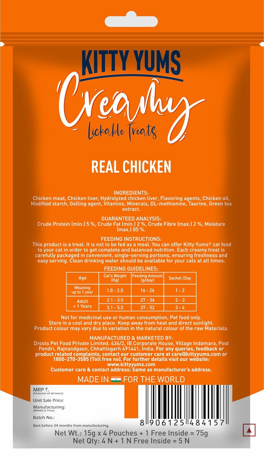 Kitty Yums Creamy Lickable Cat Treat, 75 GMs (15 GMs x 5 Sticks) Pack, Real Chicken