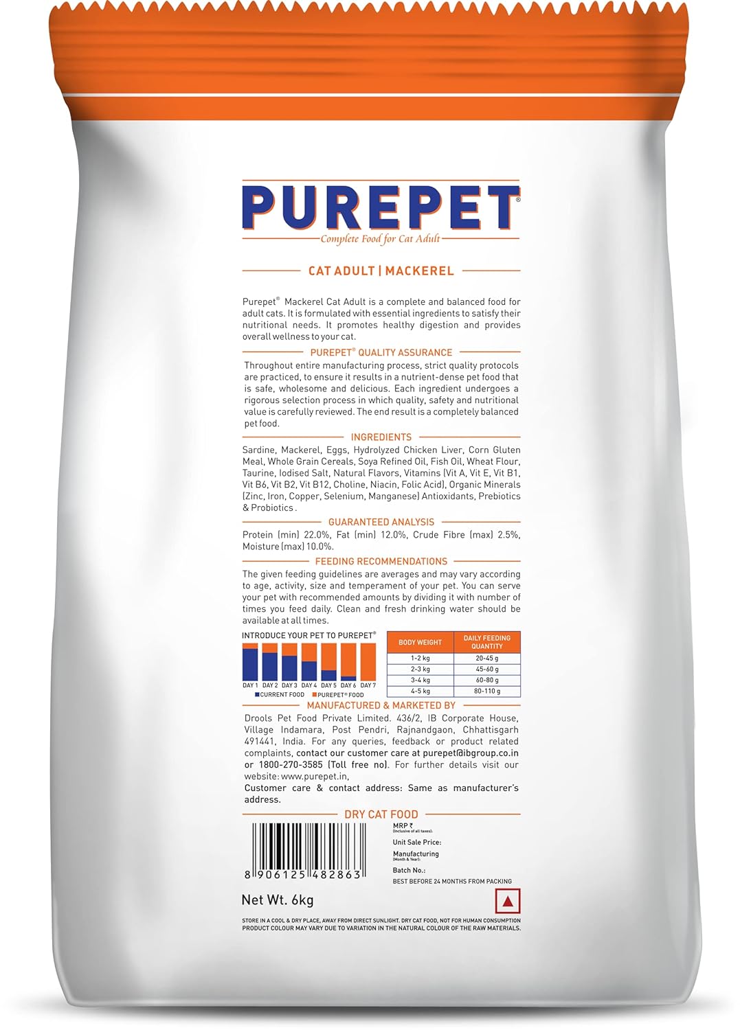 Purepet Adult Dry Cat Food, 6 KG Pack, Mackerel Flavour, Hair Ball Protection