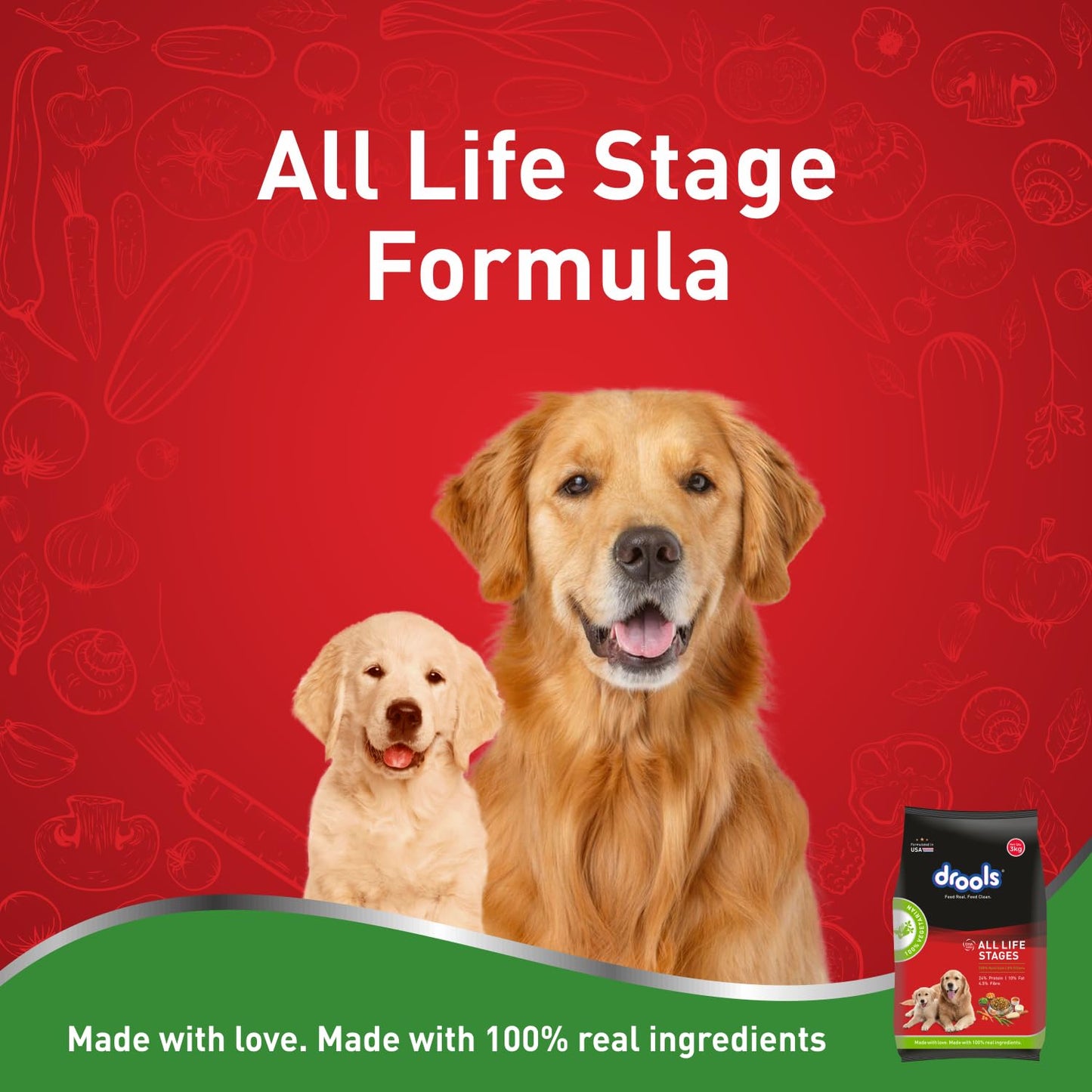 Drools Dry Dog Food All Life stages, 3 KG Pack, 100% Vegetable Flavour
