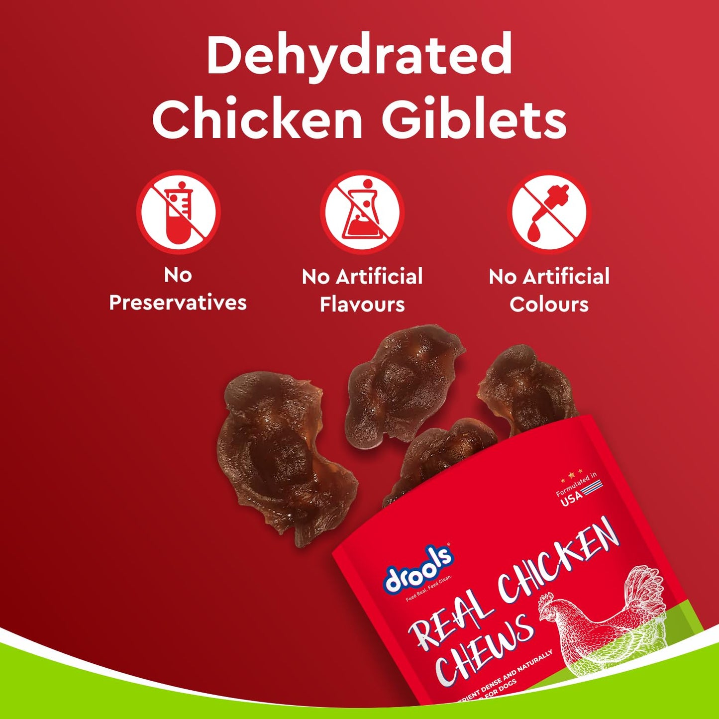 Drools Puppy & Adult Dog Treat Real Chicken Flavour, Dehydrated Chews Giblets, 70Gms Pack
