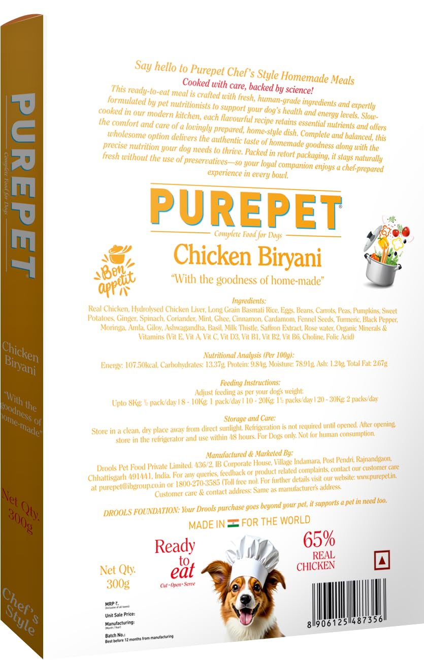 Purepet Fresh Dog Food 300 GMs, Chicken Biryani for Adults & Puppies, High Protein, 65% Real Chicken, 35% Veggies & Rice, No Preservatives, Ready to Serve, All Breeds, Single Meal Pack