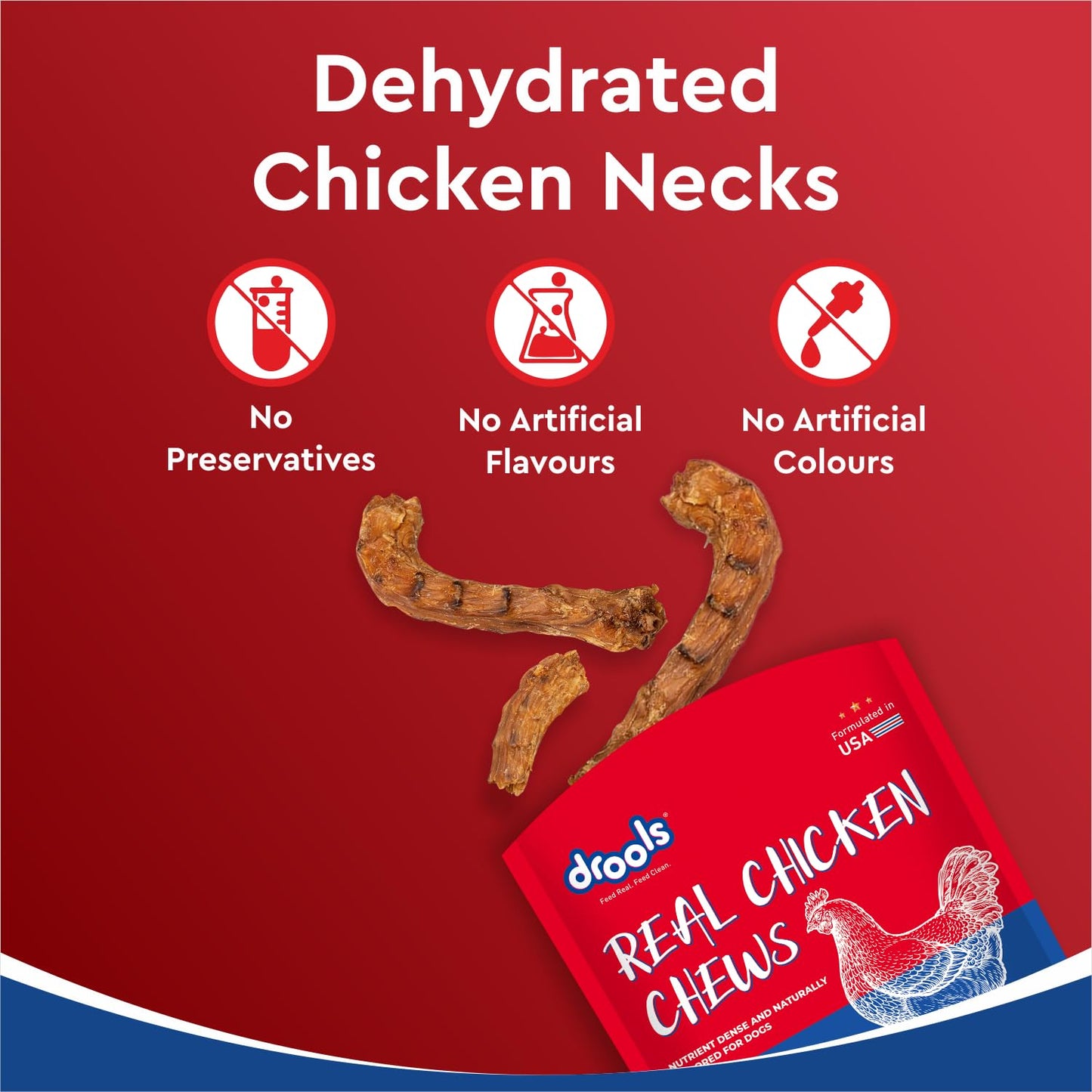 Drools Puppy & Adult Dog Treat Real Chicken Flavour, Dehydrated Chews Neck, 70Gms Pack