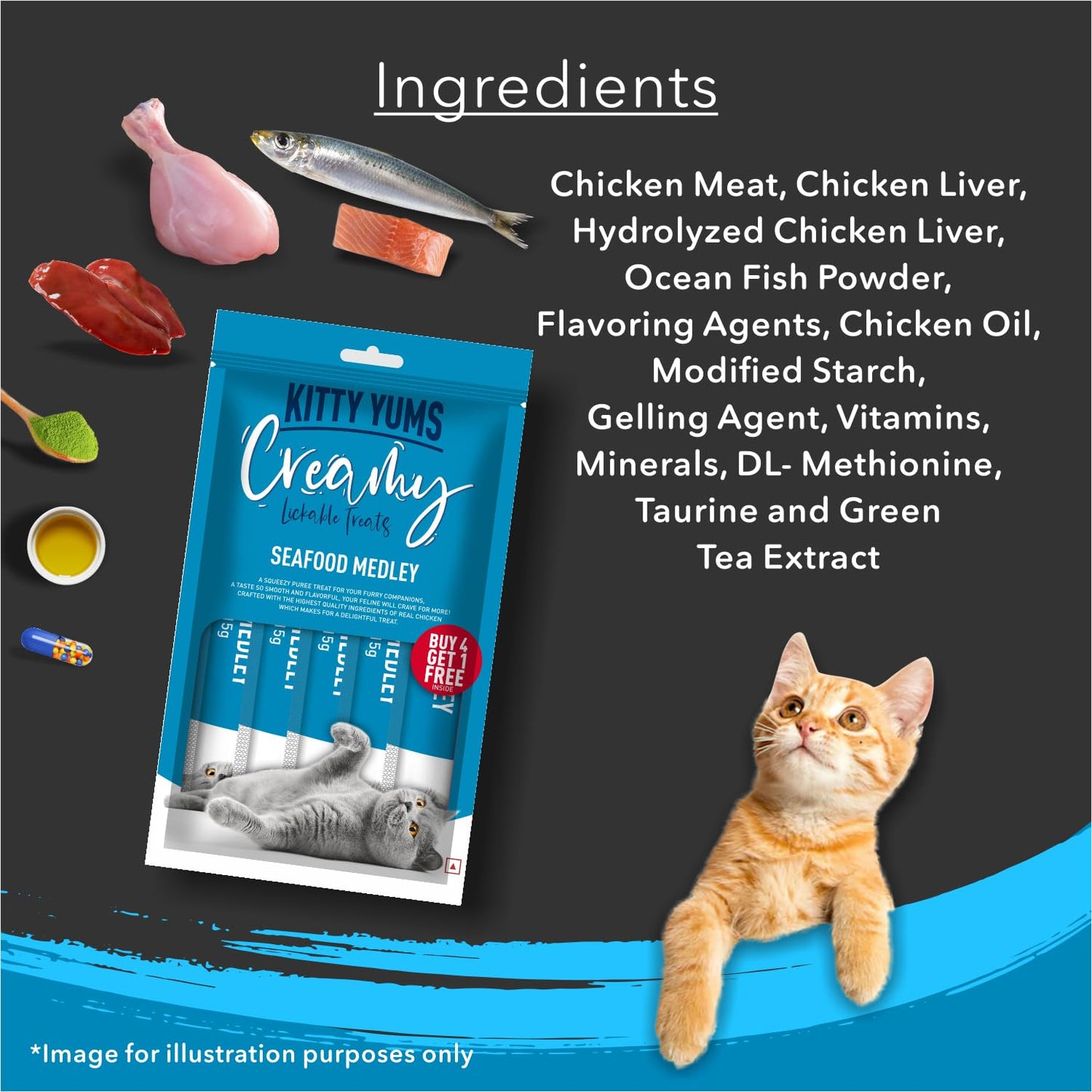 Kitty Yums Creamy Lickable Cat Treat, 75 GMs (15 GMs x 5 Sticks) Pack, Seafood Medley