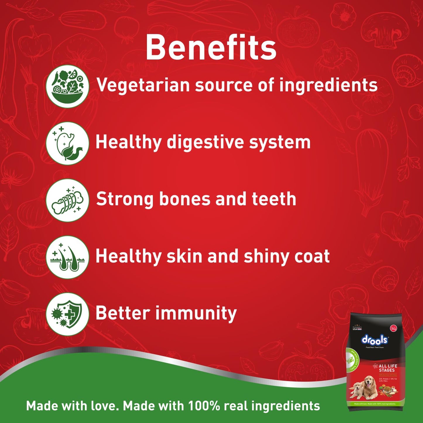 Drools Dry Dog Food All Life stages, 3 KG Pack, 100% Vegetable Flavour