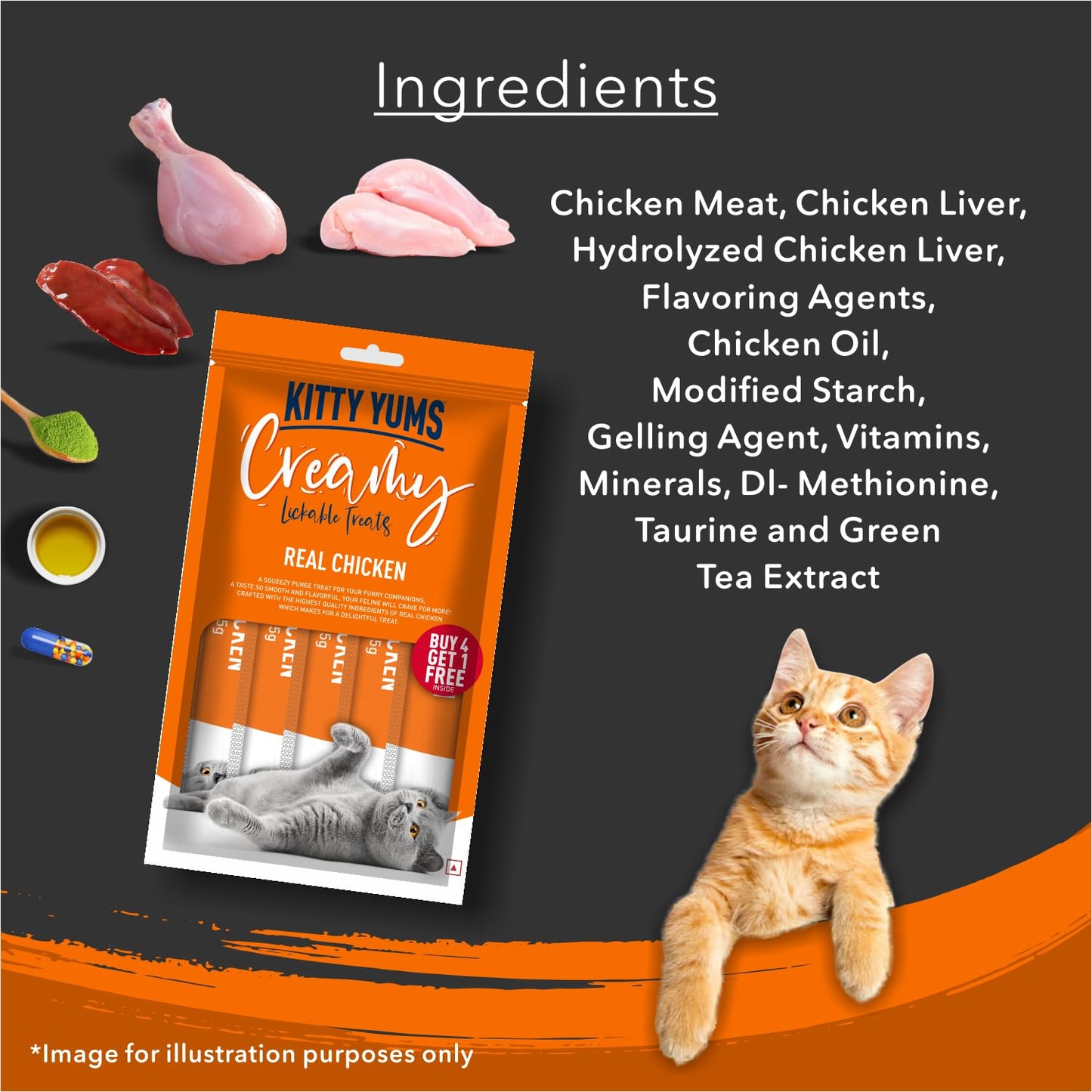 Kitty Yums Creamy Lickable Cat Treat, 75 GMs (15 GMs x 5 Sticks) Pack, Real Chicken