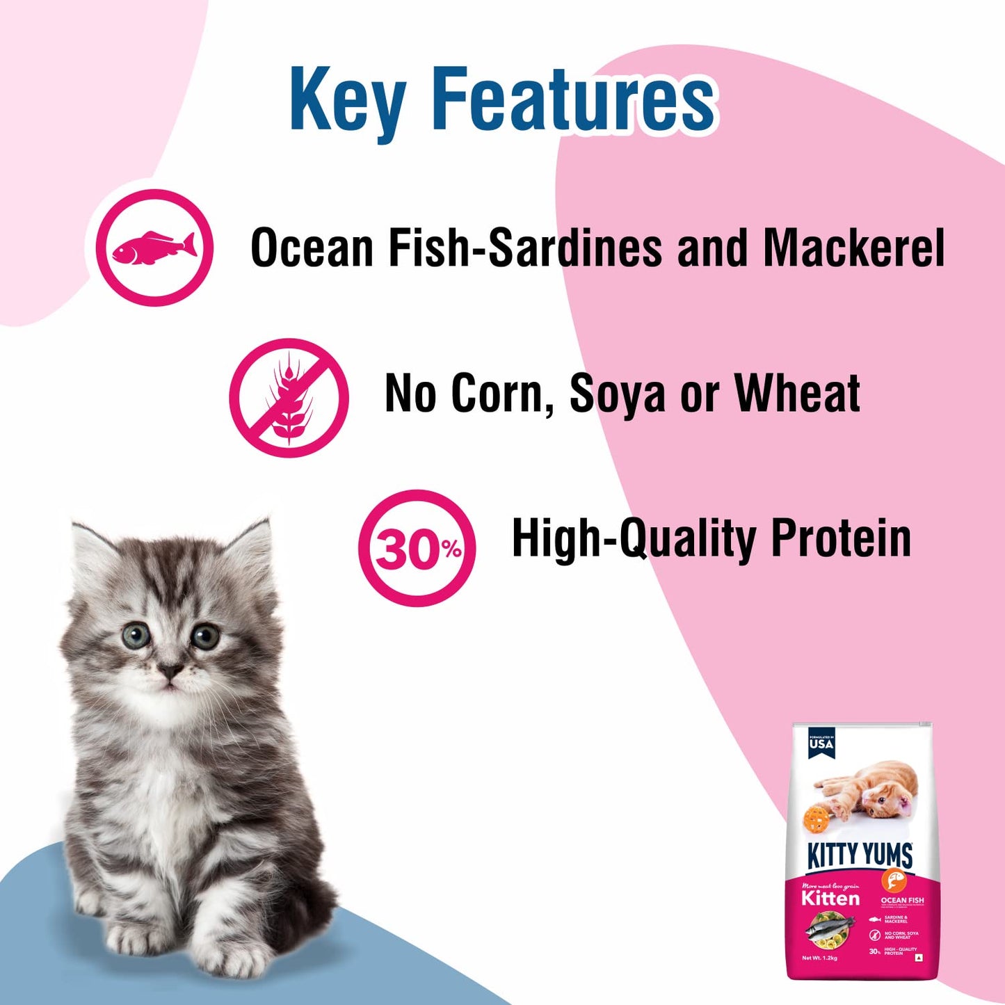 Kitty Yums Kitten (1-12 Months) Dry Cat Food, 1.2 KG Pack, Ocean Fish Flavour