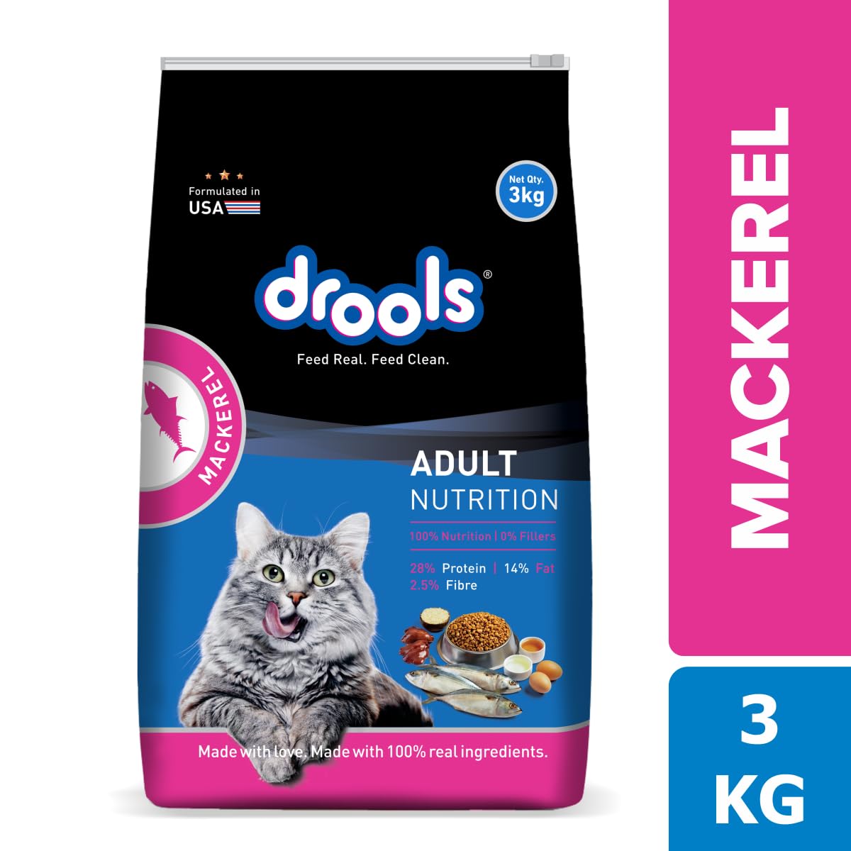 Drools Dry Cat Adult Food 3 KG, Mackerel Flavour, Skin and Coat Health
