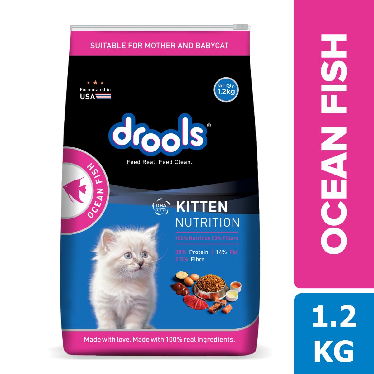 Drools Kitten Ocean Fish Flavour, Dry Cat Food, 1.2 KG Pack, Healthy Heart & Eye Sight