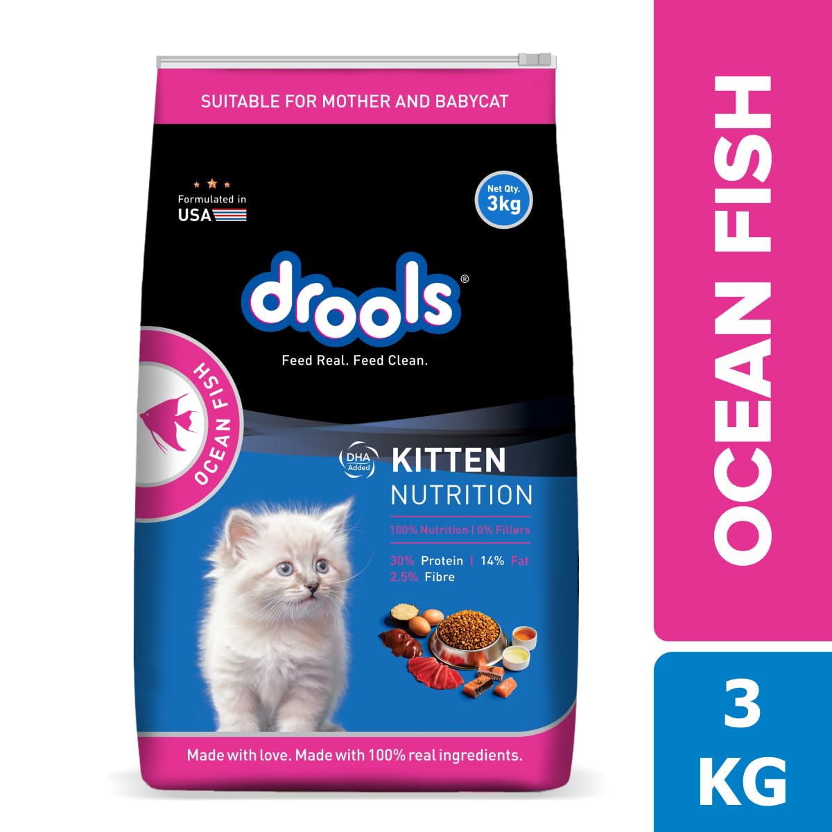 Drools Dry Cat Kitten Food 3 KG, Ocean Fish Flavour, Skin and Coat Health