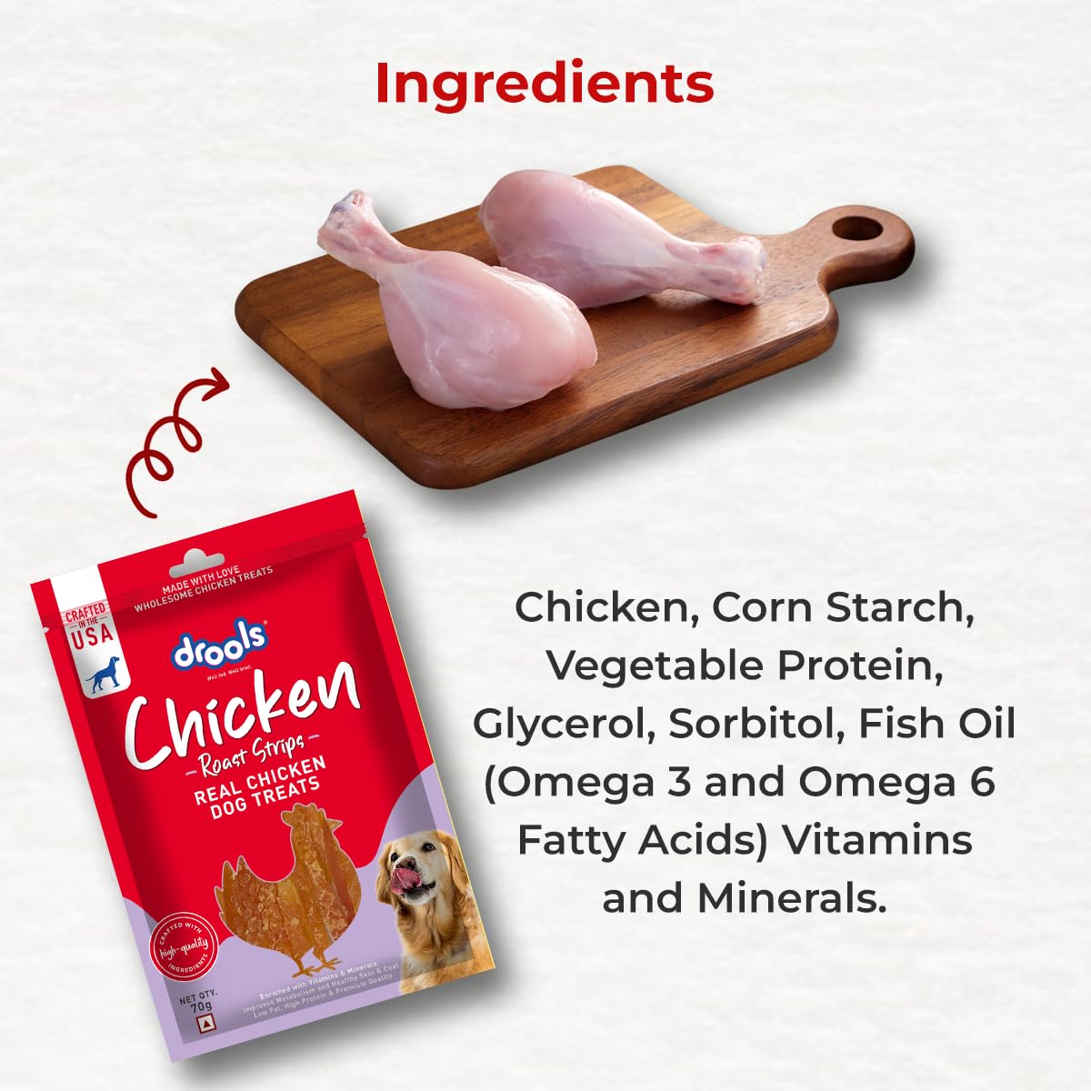 Drools Puppy & Adult Roast Strips, Real Chicken Flavour Dog Treats, 70 Gms Pack