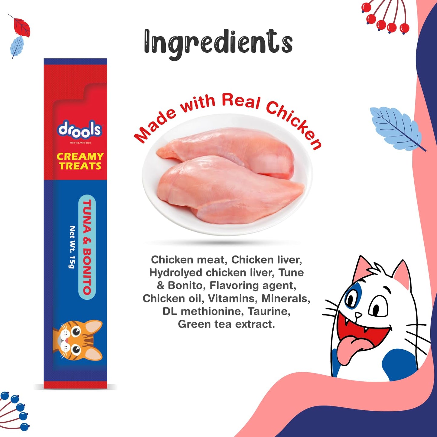 Drools All Life Stages Creamy Lickable Tuna & Bonito Flavour Cat Treats, 25 Pieces (375Gms)