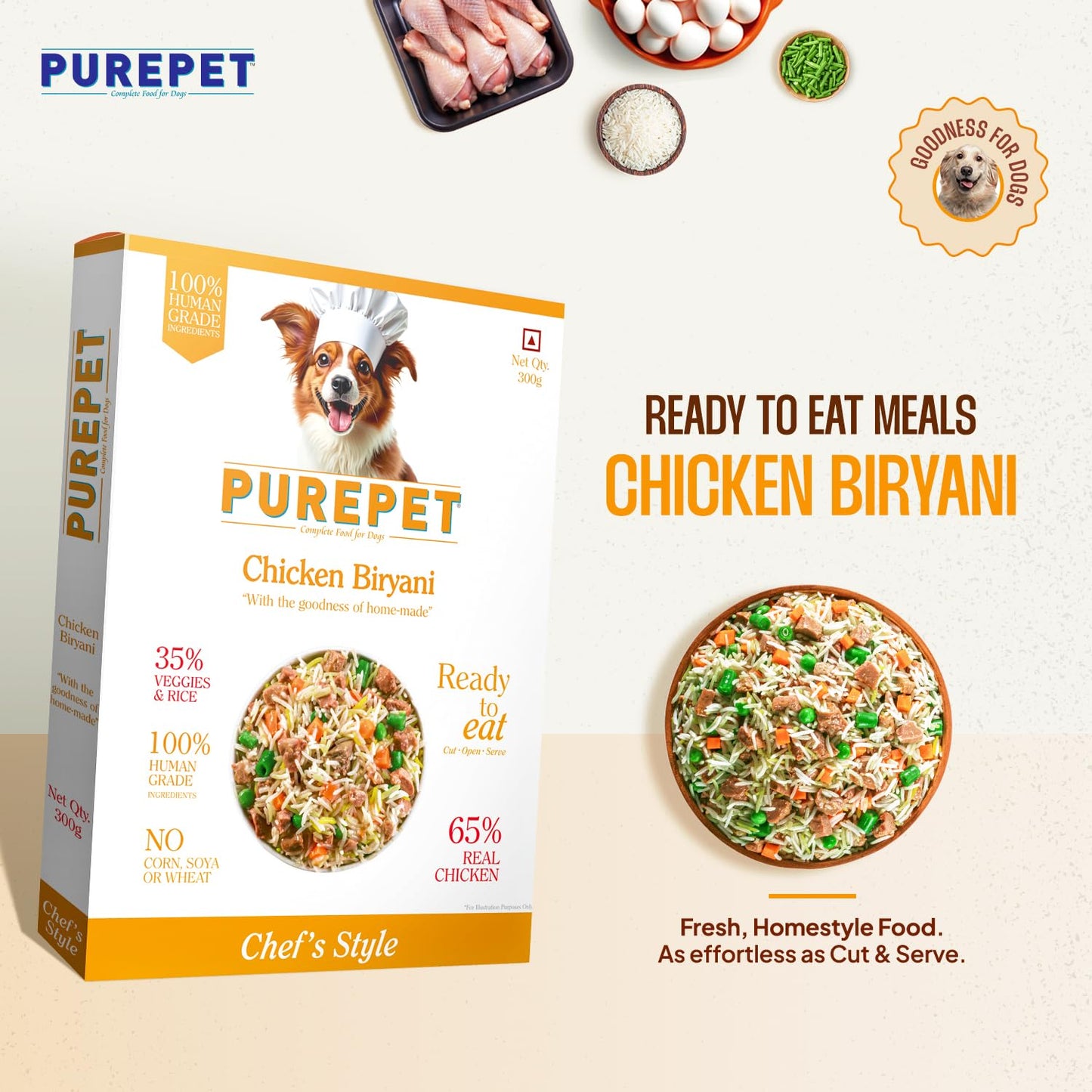 Purepet Fresh Dog Food 300 GMs, Chicken Biryani for Adults & Puppies, High Protein, 65% Real Chicken, 35% Veggies & Rice, No Preservatives, Ready to Serve, All Breeds, Single Meal Pack
