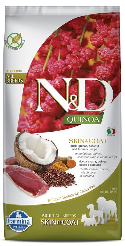 Farmina N&D Quinoa Skin & Coat Adult Dog Food, Grain-Free, Duck, Quinoa, Coconut & Turmeric, Supports Healthy Skin & Coat, for All Breed Dogs, 7 KG, No Artificial Preservatives