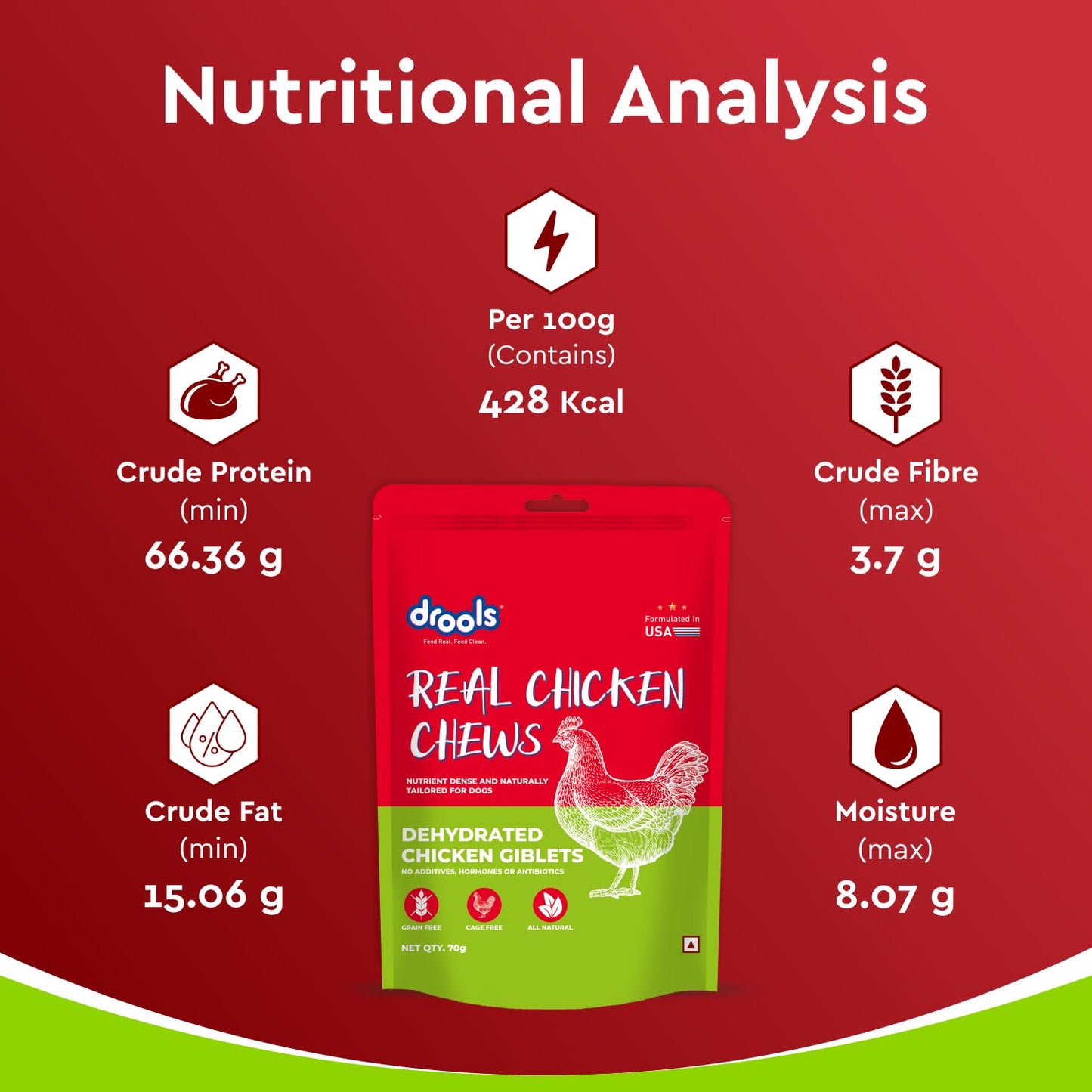 Drools Puppy & Adult Dog Treat Real Chicken Flavour, Dehydrated Chews Giblets, 70Gms Pack
