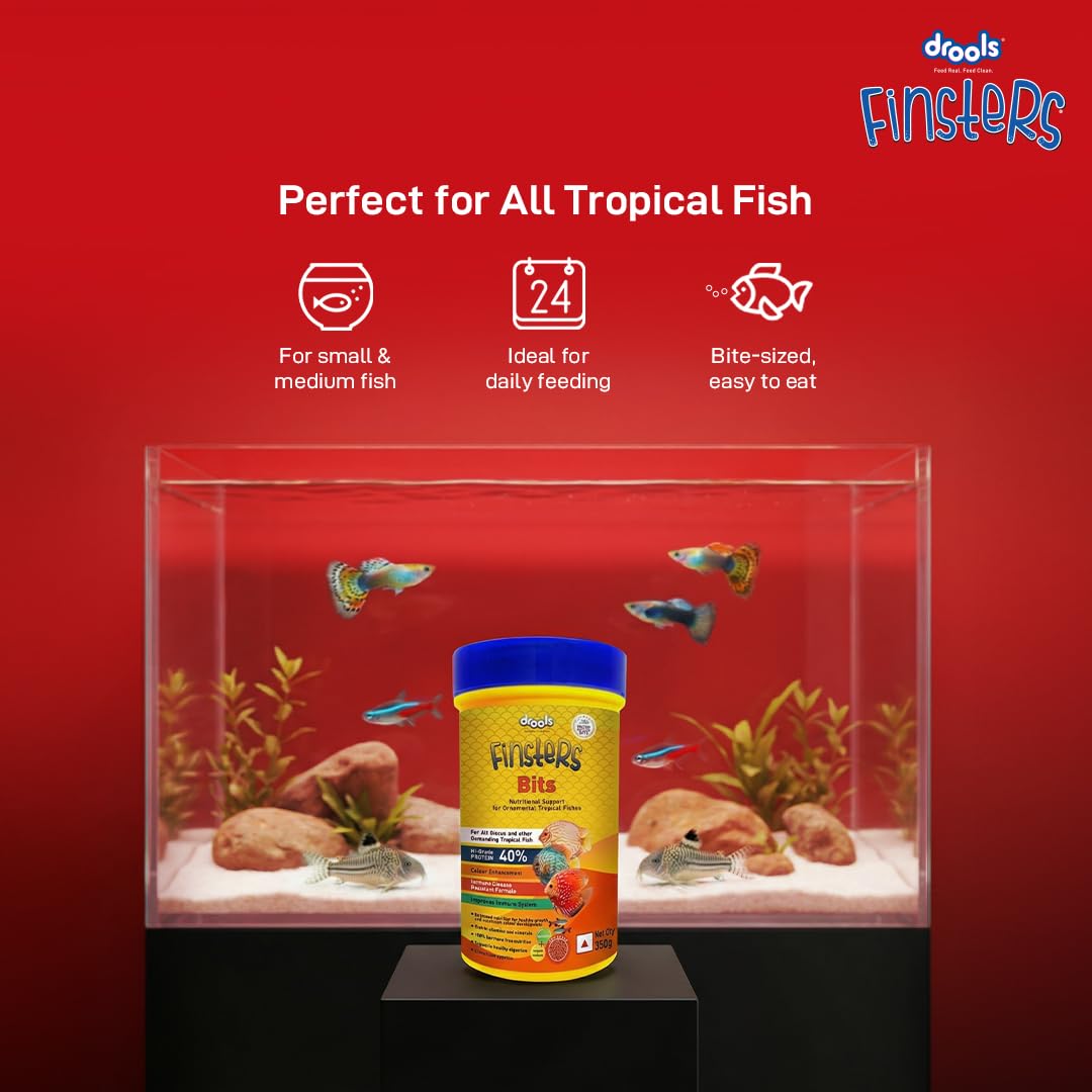 Drools Finsters Bits Fish Food, 350 Gms Pack, Seafood Flavour, High-Protein Formula