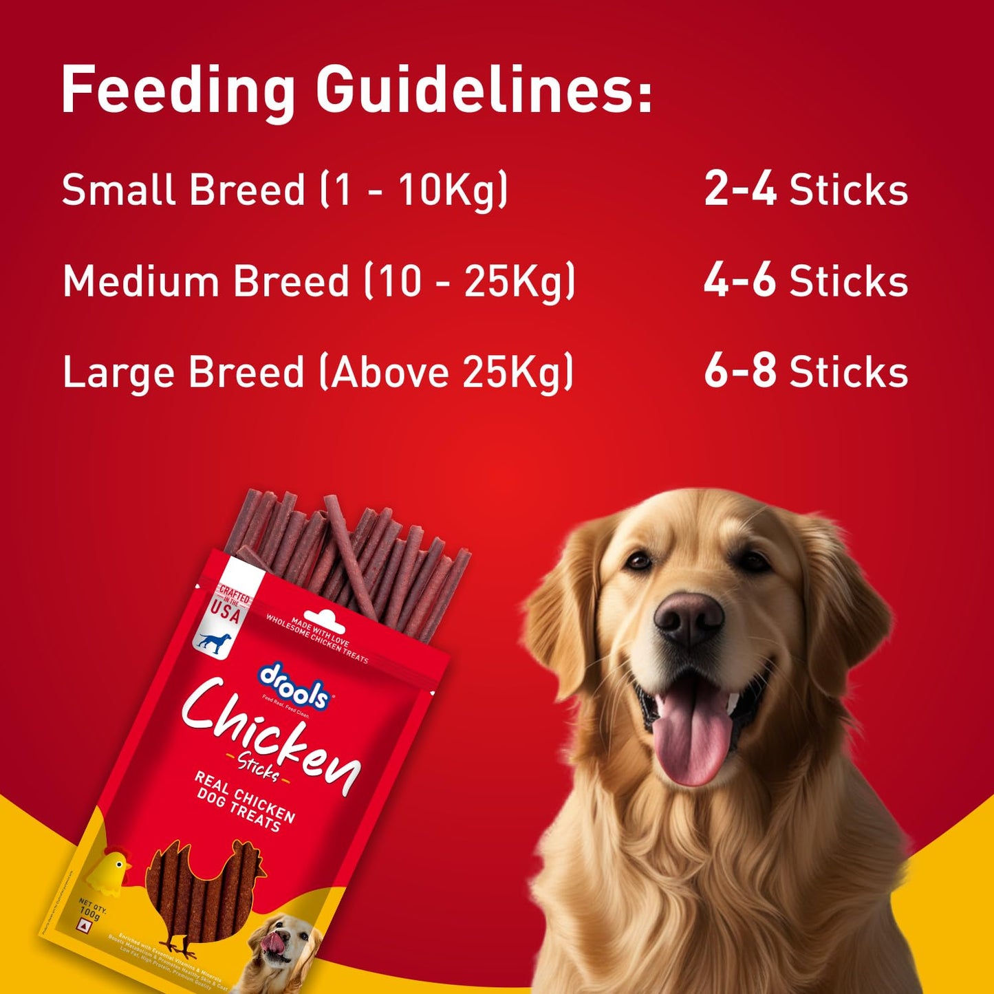 Drools Puppy & Adult Dog Treats, Real Chicken Flavour Sticks, 100 GMs Pack, Rich in Protein