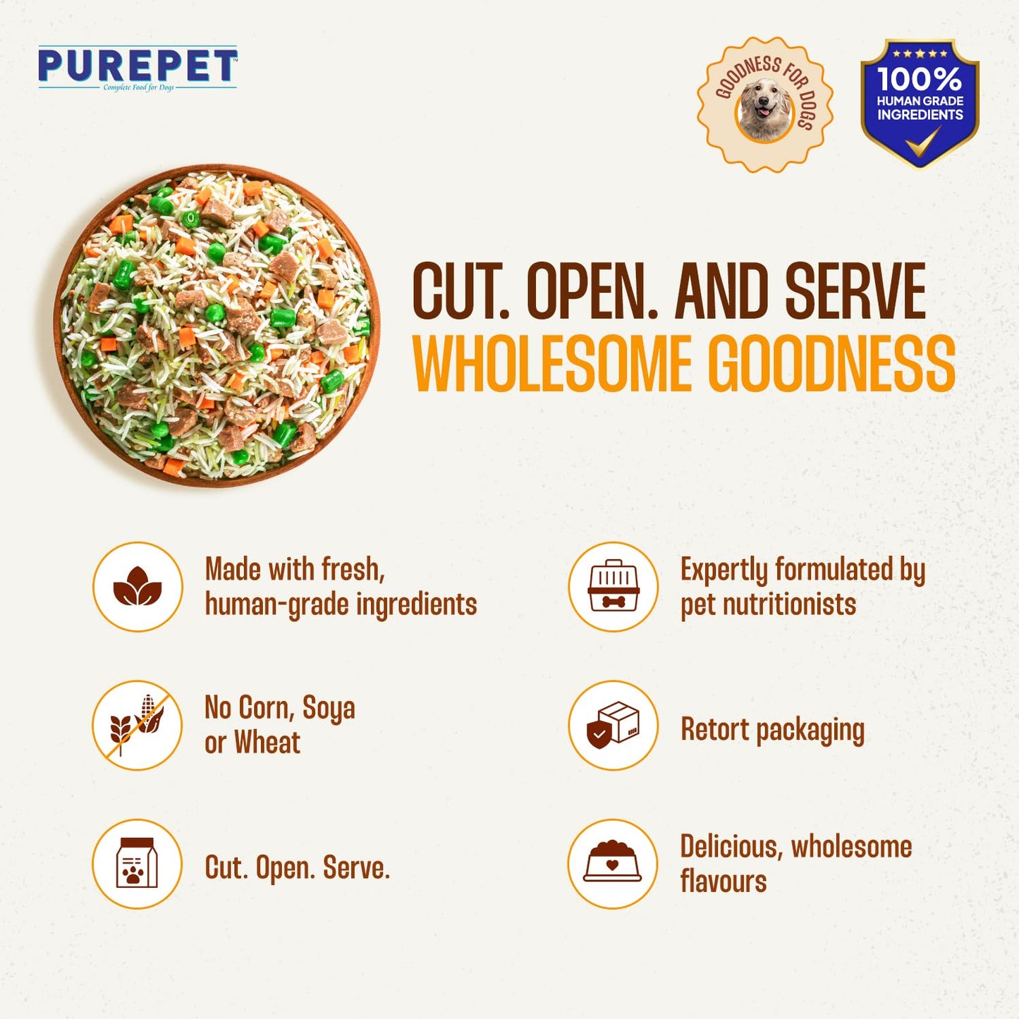 Purepet Fresh Dog Food 300 GMs, Chicken Biryani for Adults & Puppies, High Protein, 65% Real Chicken, 35% Veggies & Rice, No Preservatives, Ready to Serve, All Breeds, Single Meal Pack