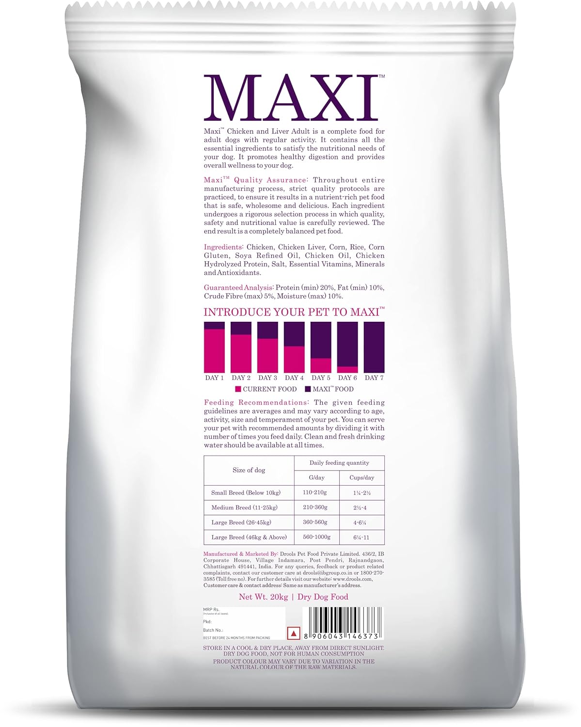 Maxi Adult Dry Dog Food, 20 kg Pack, Chicken and Liver Flavour, Promotes Growth