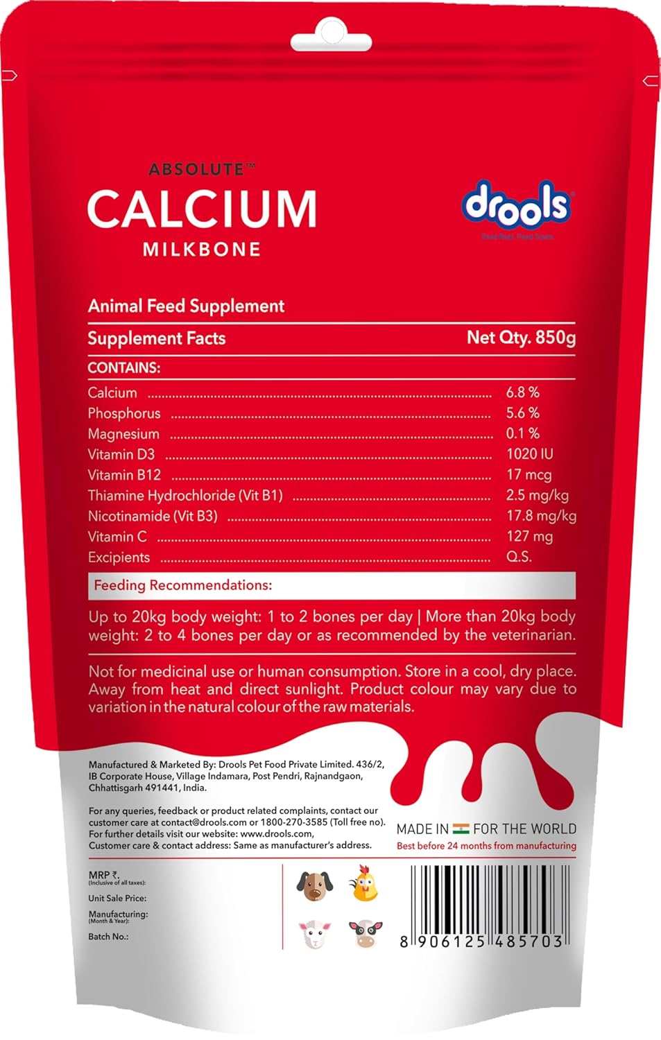 Drools Absolute Milk Bone Dog Treats 850G, Calcium Flavour, Dental Care