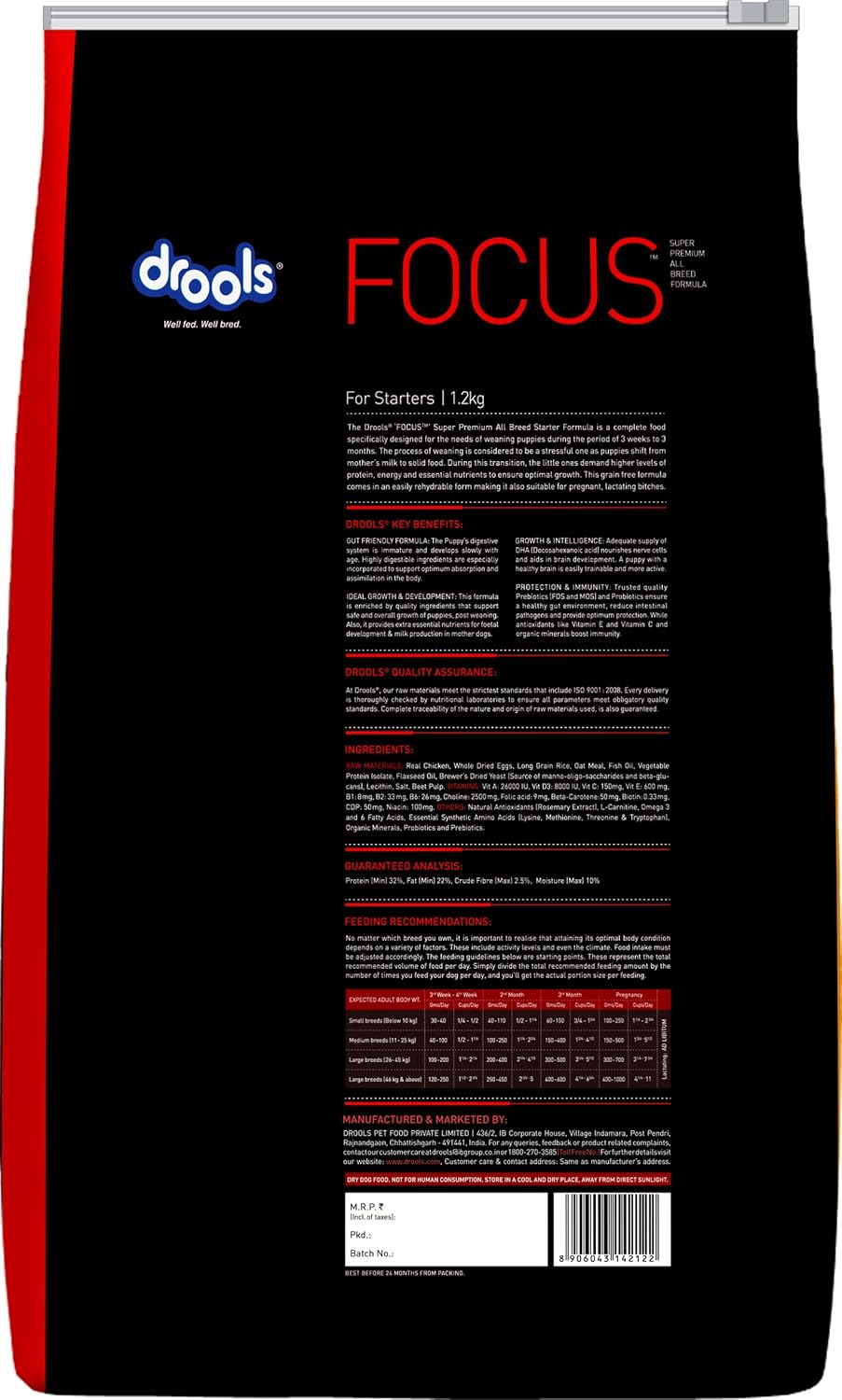 Drools Focus Starter Super Premium Dry Dog Food, 1.2 KG Pack, Chicken Flavour