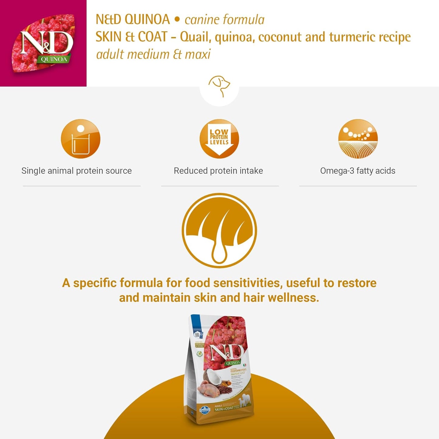 FARMINA N&D Quinoa Skin and Coat Dry Dog Food, Grain-Free, Adult Breed, 2.5 KG., Quail Coconut and Turmeric