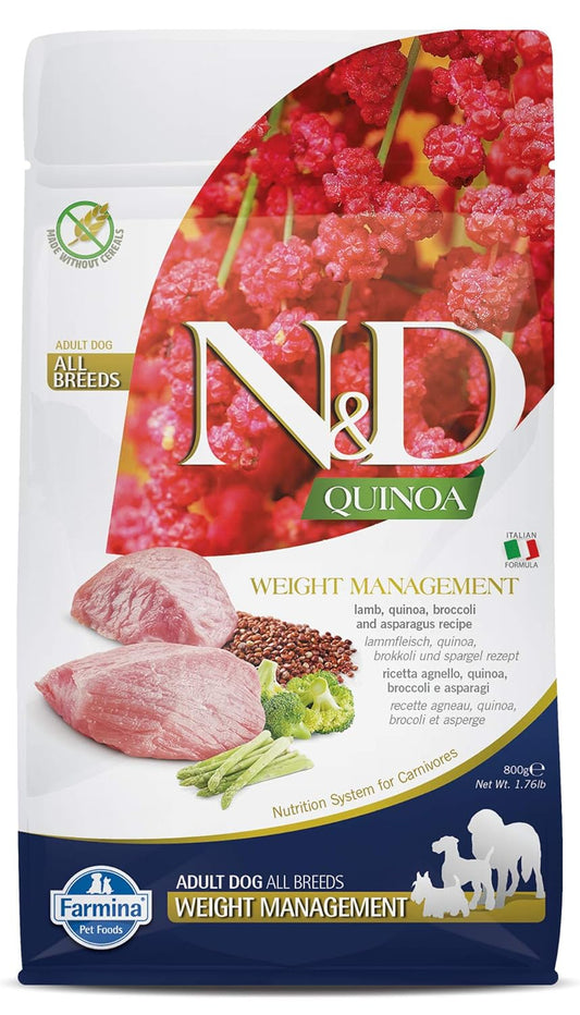Farmina N&D Quinoa Dog Weight Management, Grain-Free, 800 GMs., All Breed Dog Food, Lamb Broccoli and Asparagus