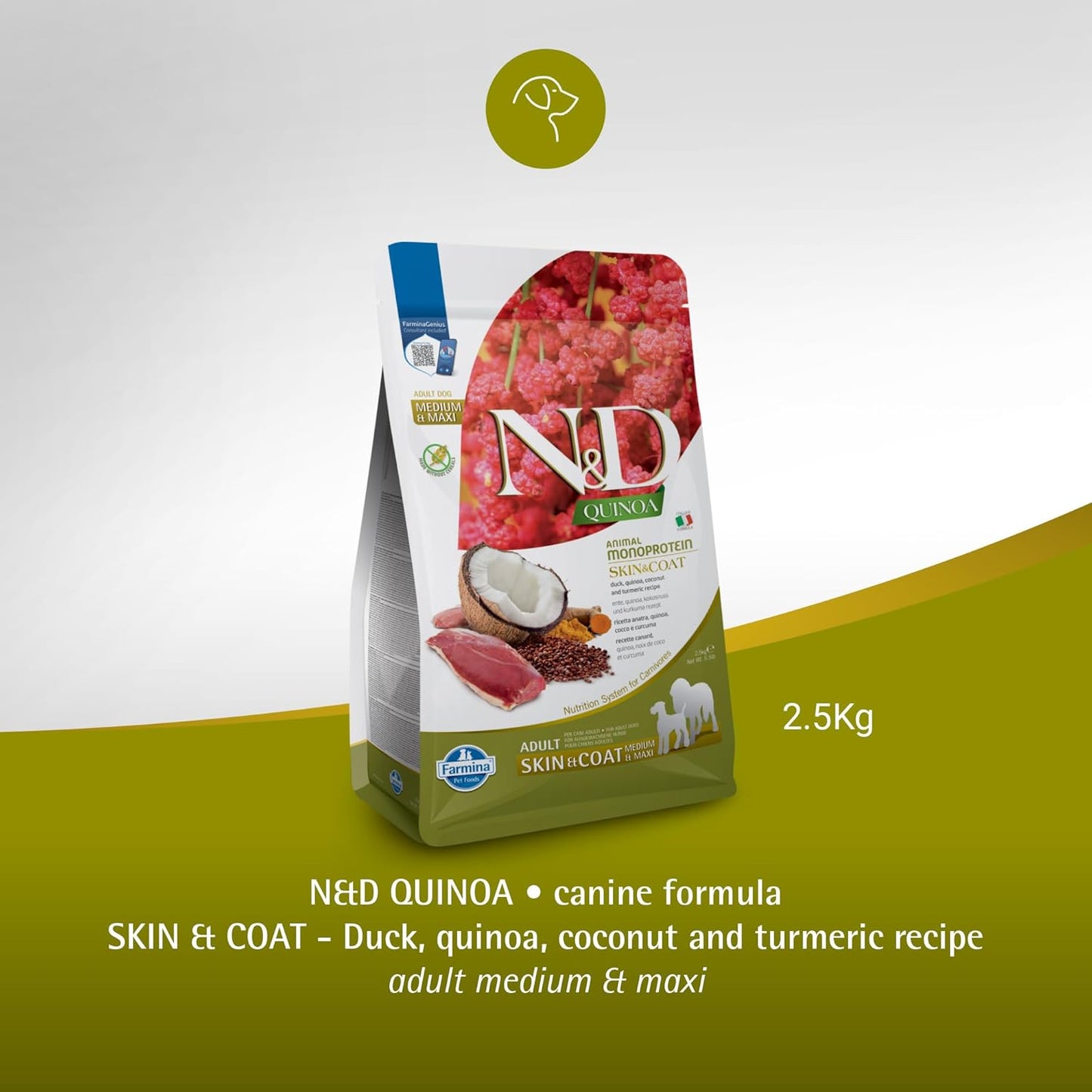 Farmina N&D Quinoa Skin & Coat Adult Dog Food, Grain-Free, Duck, Quinoa, Coconut & Turmeric, Supports Healthy Skin & Coat, for All Breed Dogs, 2.5 KG, No Artificial Preservatives