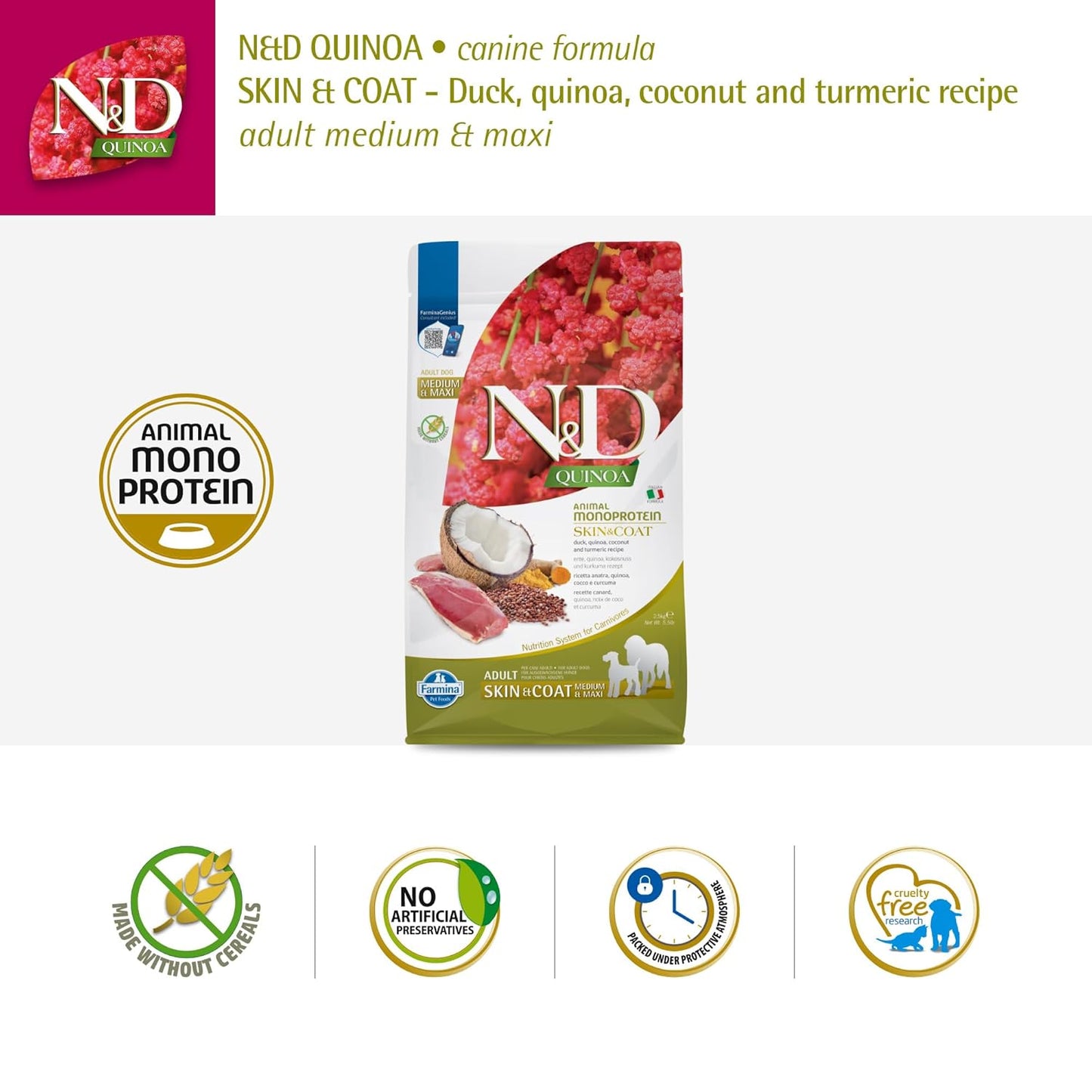 Farmina N&D Quinoa Skin & Coat Adult Dog Food, Grain-Free, Duck, Quinoa, Coconut & Turmeric, Supports Healthy Skin & Coat, for All Breed Dogs, 2.5 KG, No Artificial Preservatives