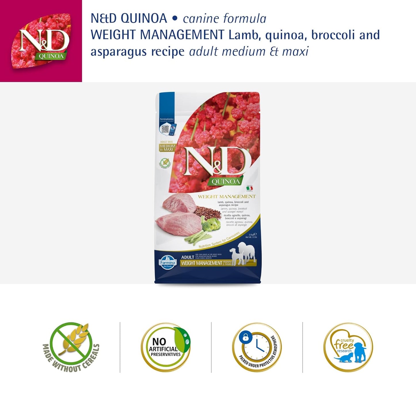 Farmina N&D Quinoa Dog Weight Management, Grain-Free, 2.5 KG, All Breed Dog Food, Lamb Broccoli and Asparagus