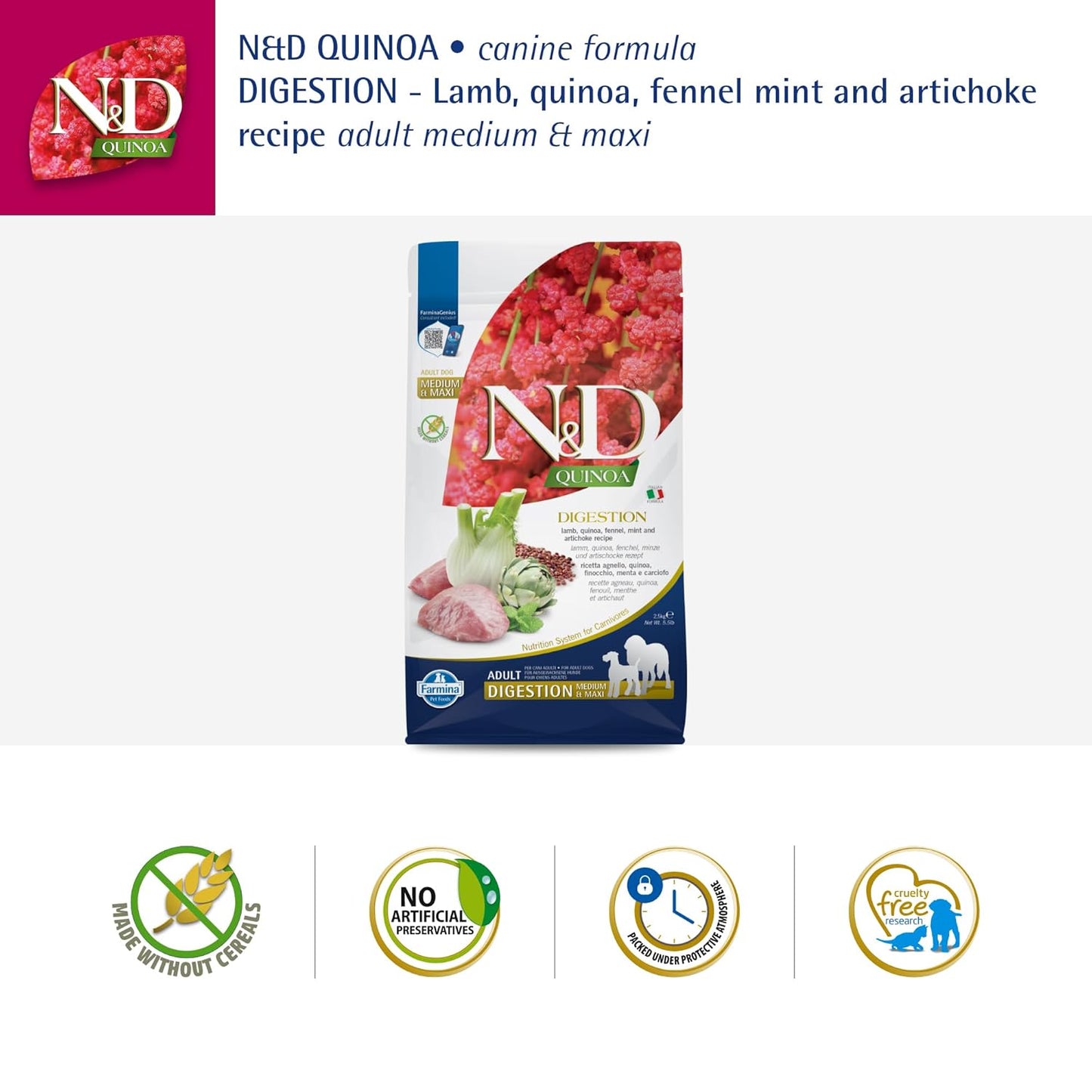 FARMINA N&D Quinoa Digestion Dry Dog Pet Food, Grain-Free, All Breed, Adult Dogs, 2.5 KG, Lamb Mint and Fennel