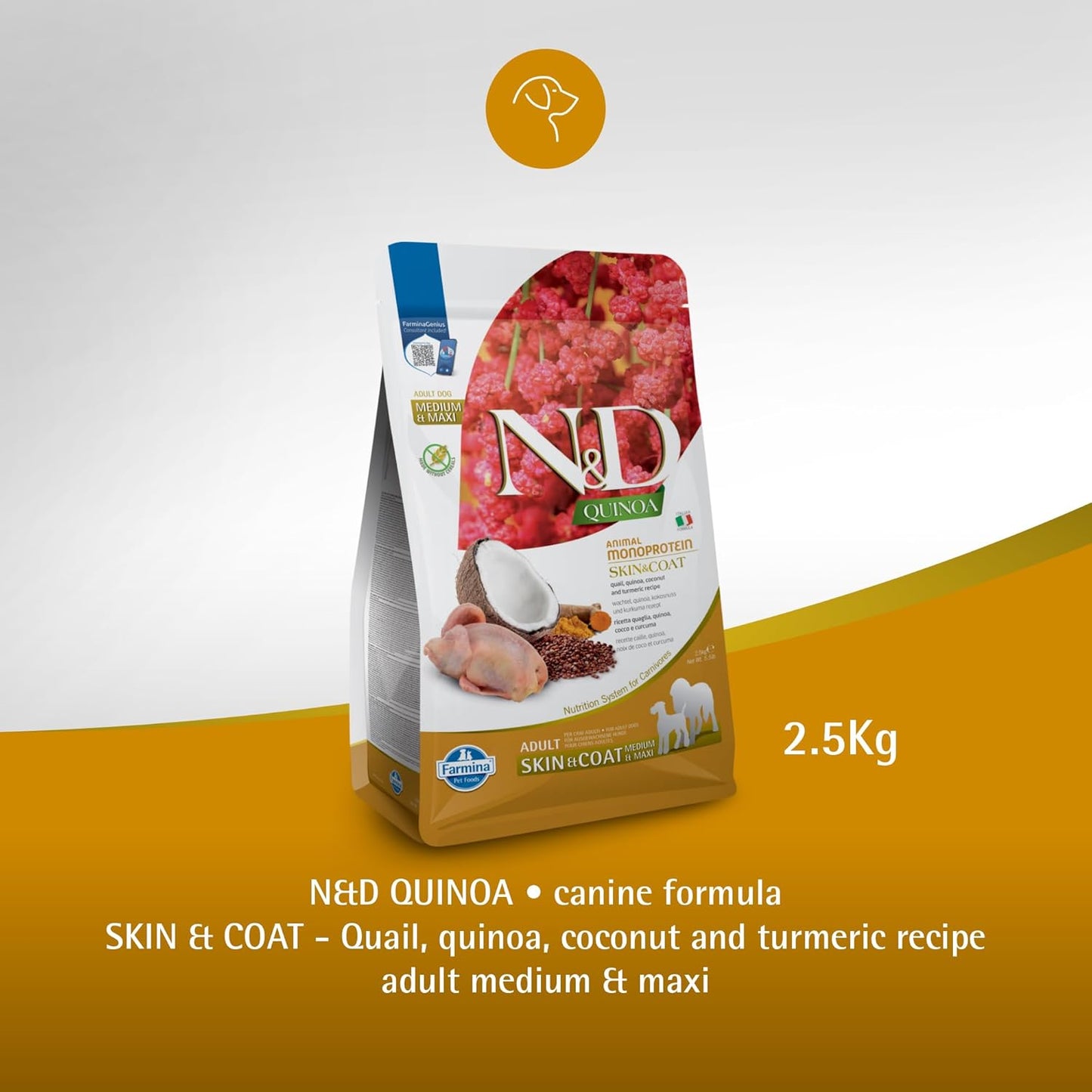 FARMINA N&D Quinoa Skin and Coat Dry Dog Food, Grain-Free, Adult Breed, 2.5 KG., Quail Coconut and Turmeric
