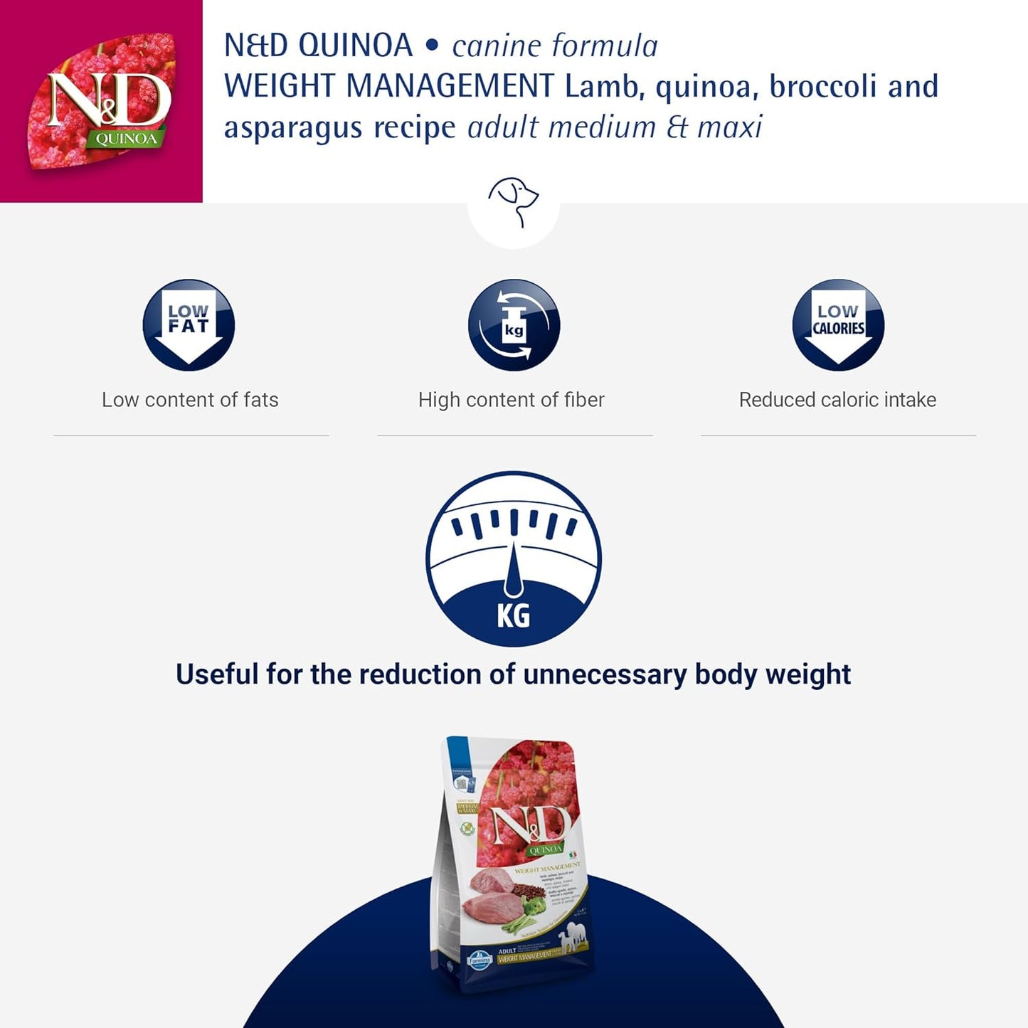 Farmina N&D Quinoa Dog Weight Management, Grain-Free, 2.5 KG, All Breed Dog Food, Lamb Broccoli and Asparagus