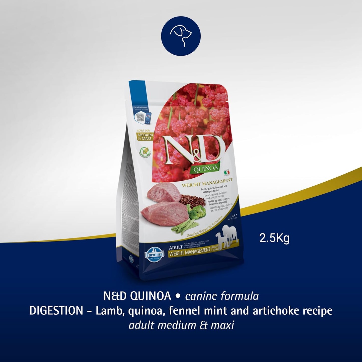 Farmina N&D Quinoa Dog Weight Management, Grain-Free, 2.5 KG, All Breed Dog Food, Lamb Broccoli and Asparagus