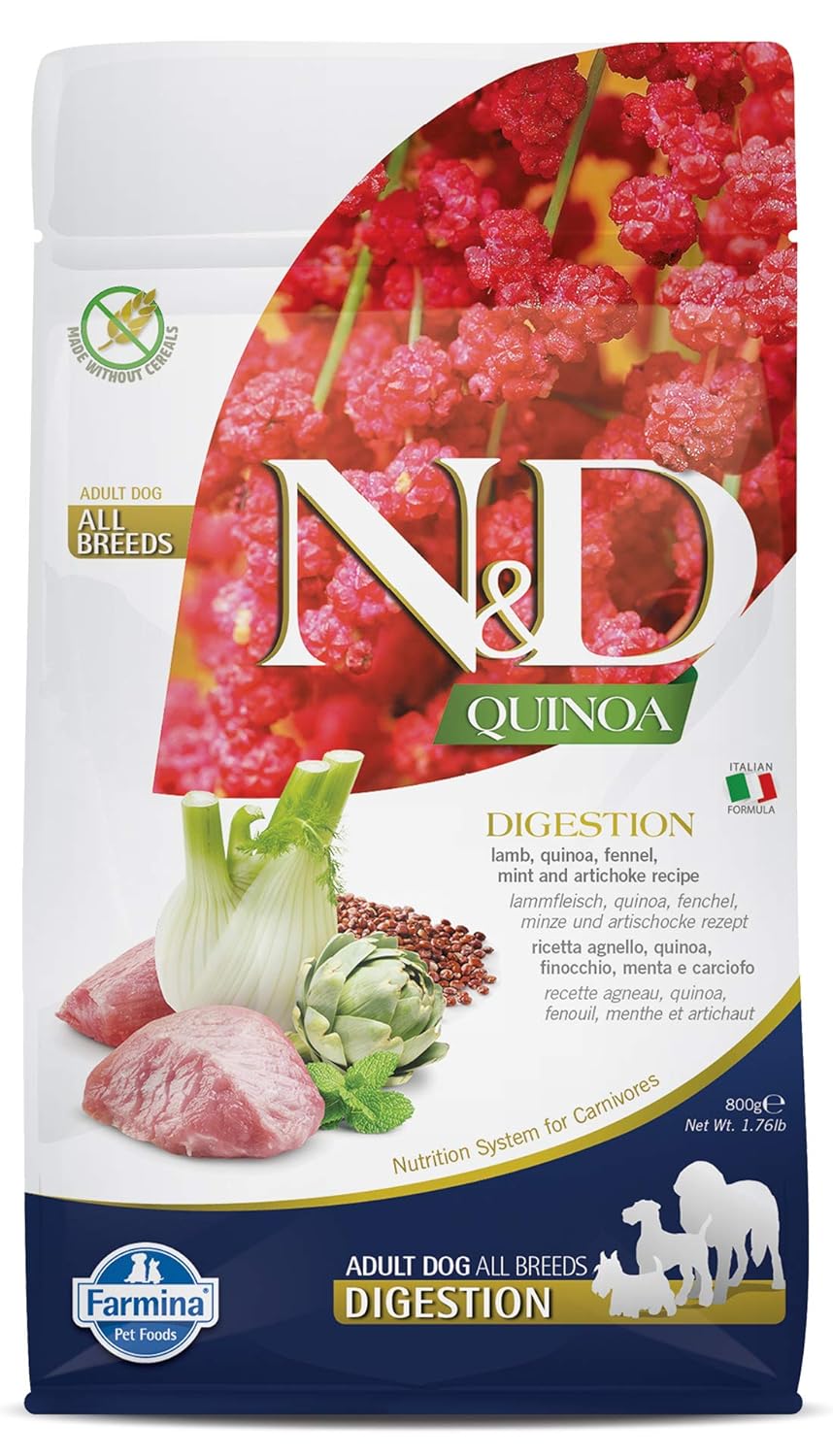 FARMINA N&D Quinoa Digestion Dry Dog Pet Food, Grain-Free, All Breed, Adult Dogs, 800 GMs., Lamb Mint and Fennel