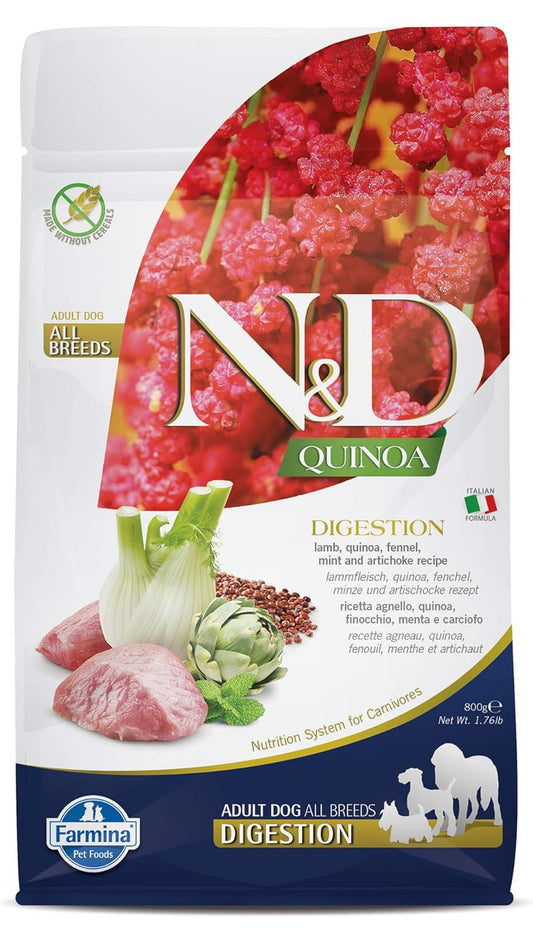FARMINA N&D Quinoa Digestion Dry Dog Pet Food, Grain-Free, All Breed, Adult Dogs, 800 GMs., Lamb Mint and Fennel