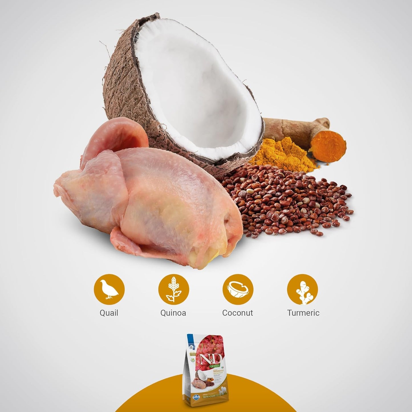 FARMINA N&D Quinoa Skin and Coat Dry Dog Food, Grain-Free, Adult Breed, 2.5 KG., Quail Coconut and Turmeric