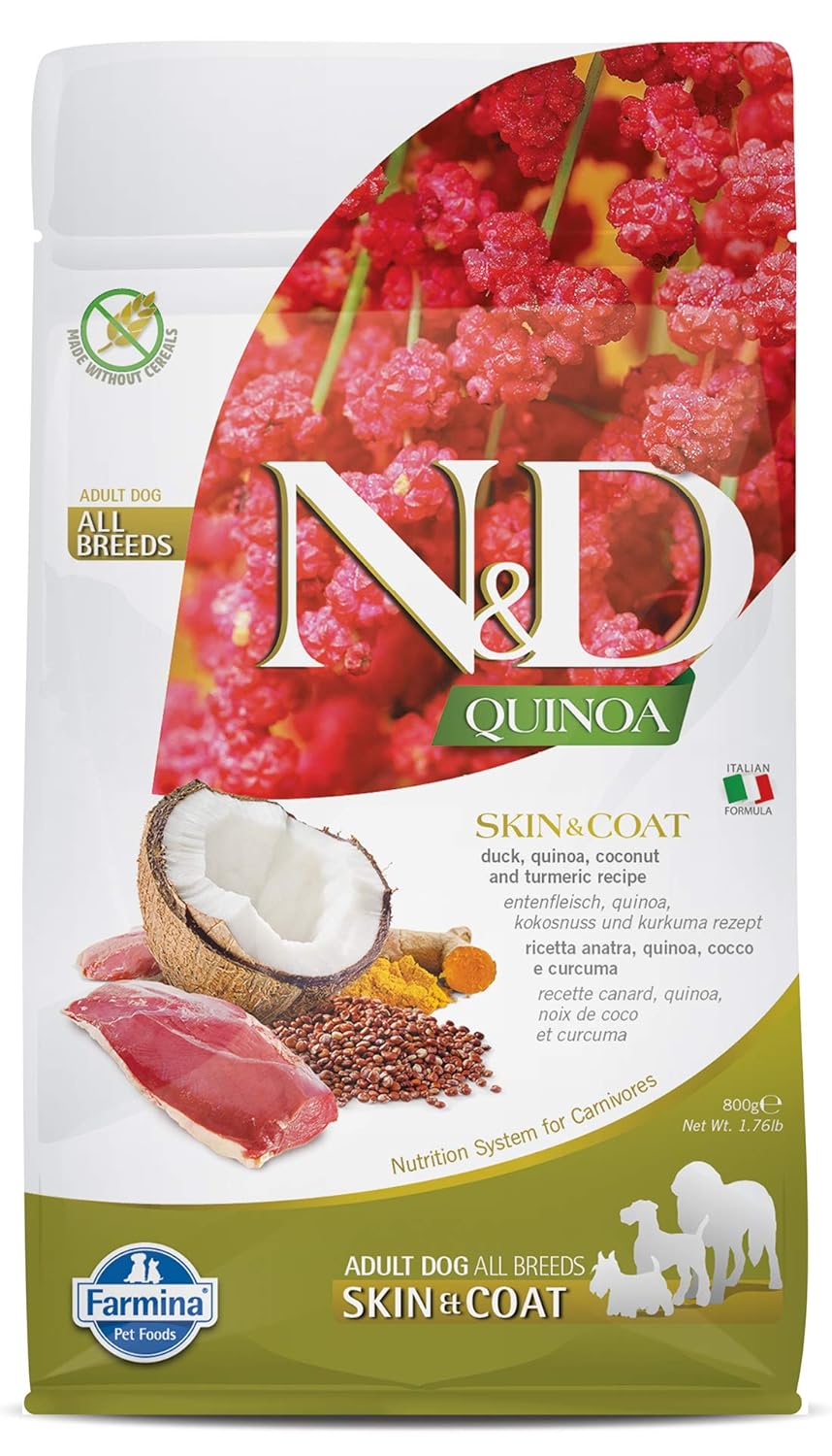 Farmina N&D Quinoa Skin & Coat Adult Dog Food, Grain-Free, Duck, Quinoa, Coconut & Turmeric, Supports Healthy Skin & Coat, for All Breed Dogs, 800 GMs, No Artificial Preservatives