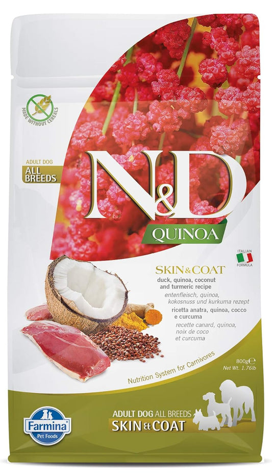Farmina N&D Quinoa Skin & Coat Adult Dog Food, Grain-Free, Duck, Quinoa, Coconut & Turmeric, Supports Healthy Skin & Coat, for All Breed Dogs, 800 GMs, No Artificial Preservatives