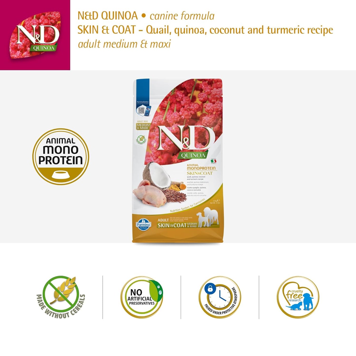 FARMINA N&D Quinoa Skin and Coat Dry Dog Food, Grain-Free, Adult Breed, 2.5 KG., Quail Coconut and Turmeric