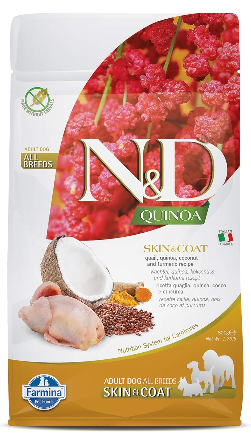 FARMINA N&D Quinoa Skin and Coat Dry Dog Food, Grain-Free, Adult Breed, 800 GMs., Quail Coconut and Turmeric