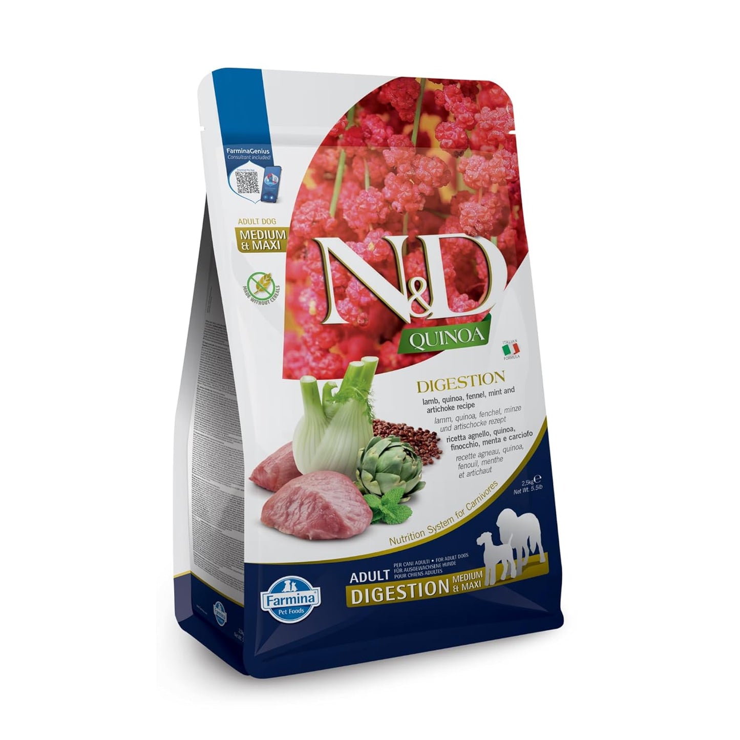 FARMINA N&D Quinoa Digestion Dry Dog Pet Food, Grain-Free, All Breed, Adult Dogs, 2.5 KG, Lamb Mint and Fennel