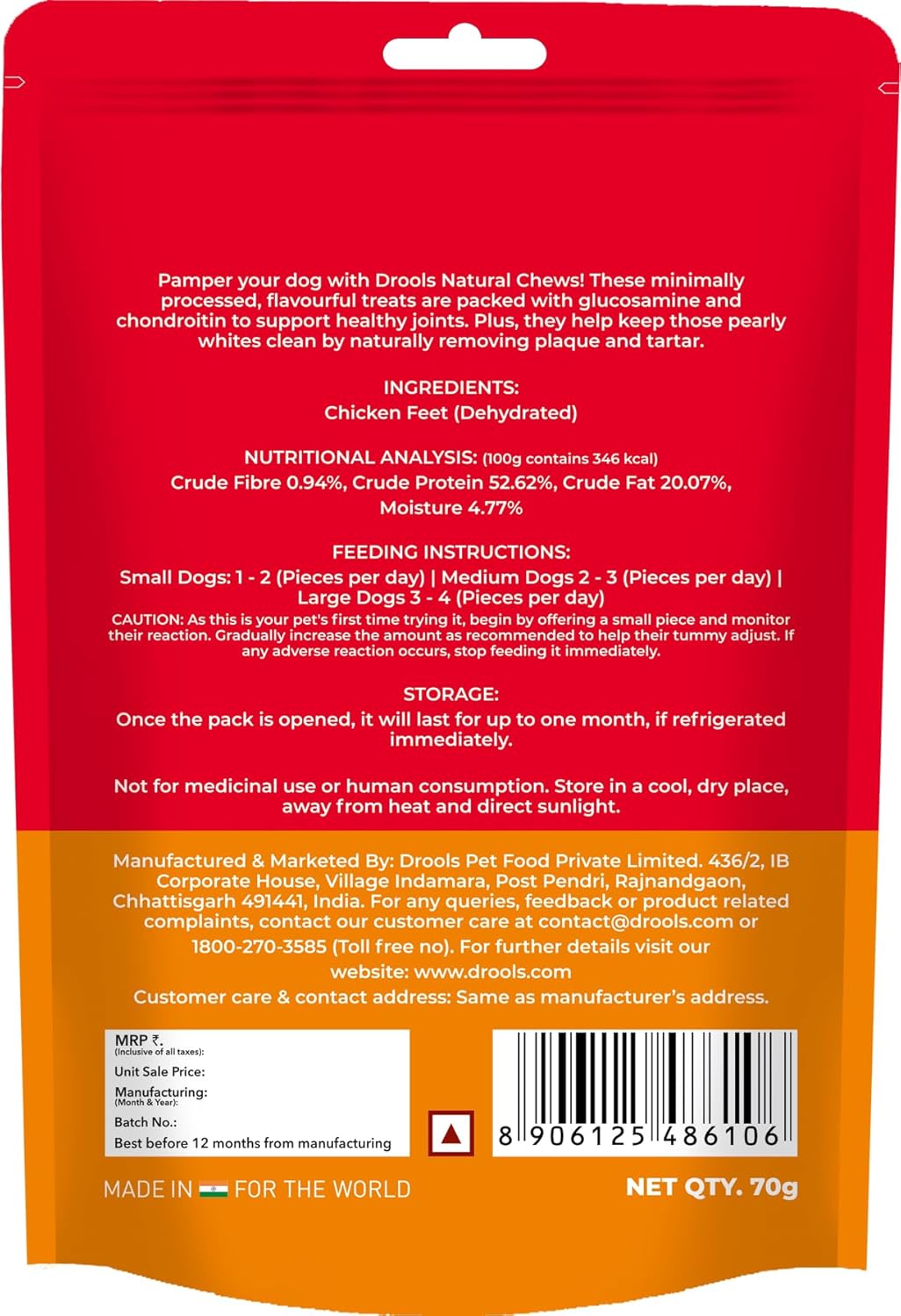 Drools Puppy & Adult Dog Treat Real Chicken Flavour, Dehydrated Chews Feet, 70Gms Pack