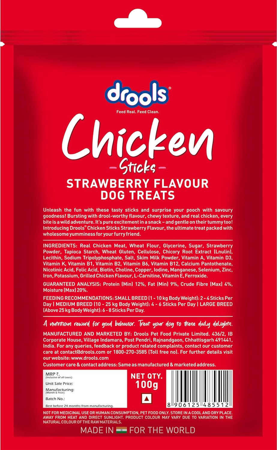 Drools Puppy & Adult Dog Treats, Strawberry Flavour Sticks, 100 GMs Pack,  Rich in Protein