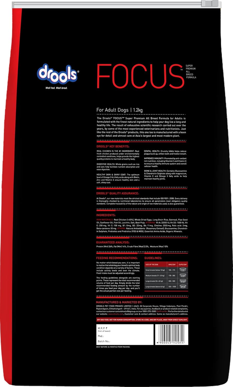 Drools Focus Adult Super Premium Dry Dog Food, 1.2 KG Pack, Chicken Flavour