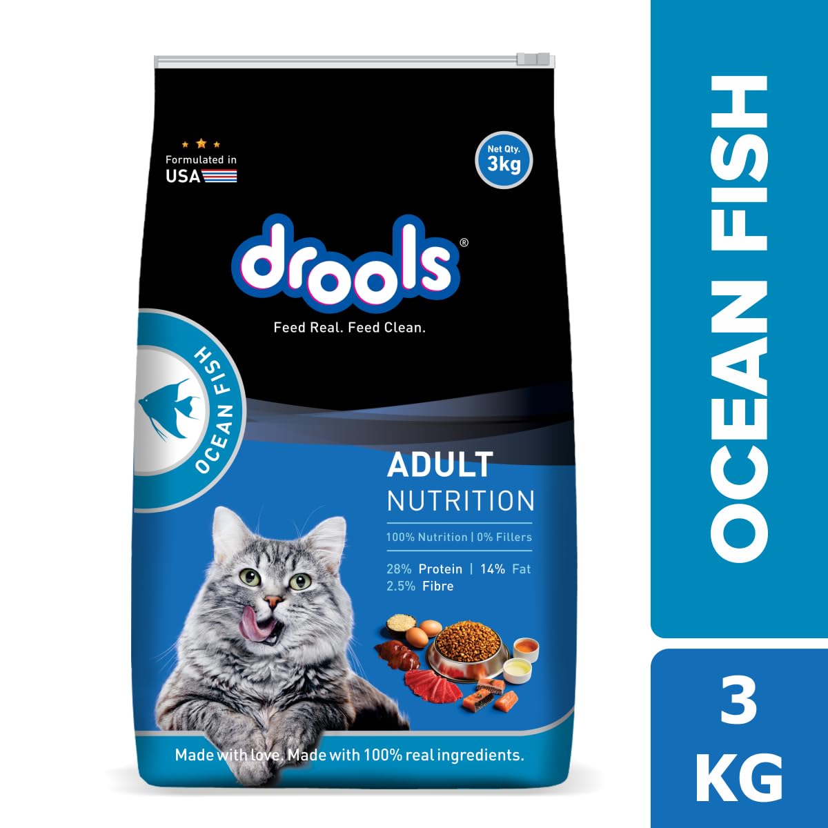 Drools Dry Cat Adult Food 3KG, Ocean Fish Flavour, Skin and Coat Health