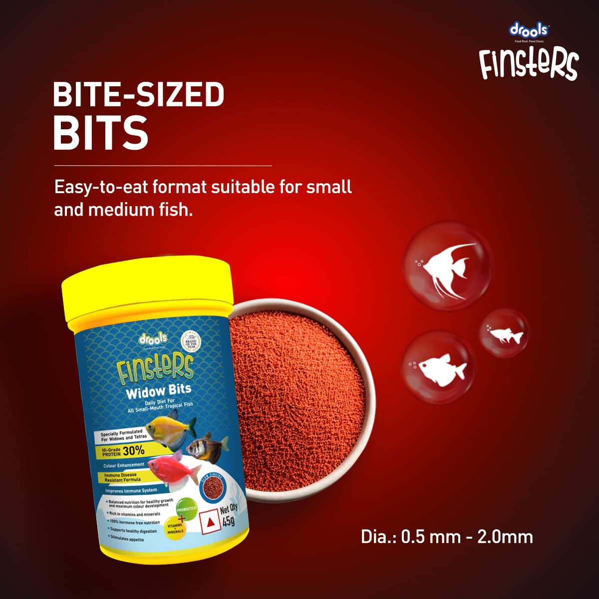Drools Finsters Widow Bits Fish Food 45 Gms, Sea Food Flavour, Vivid Colours