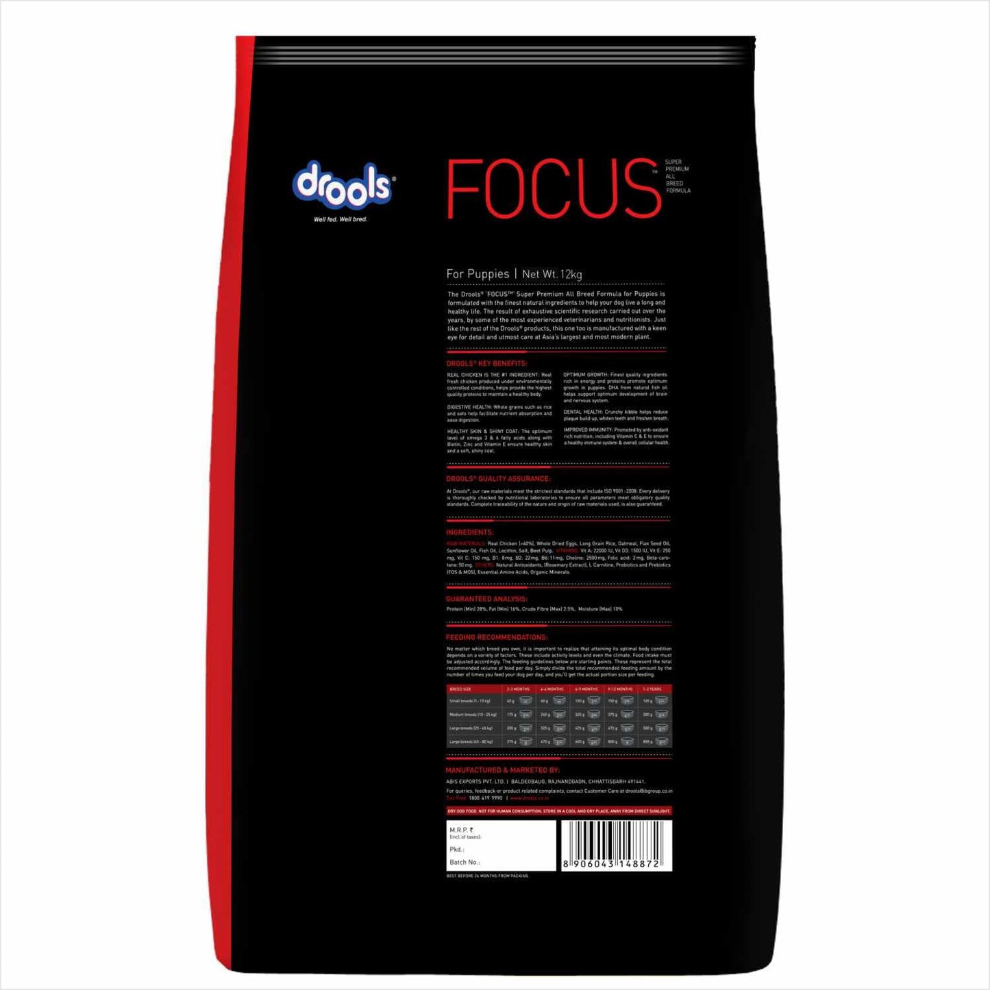 Drools Focus Premium Puppy Dry Dog Food, 12 KG Pack, Chicken Flavour
