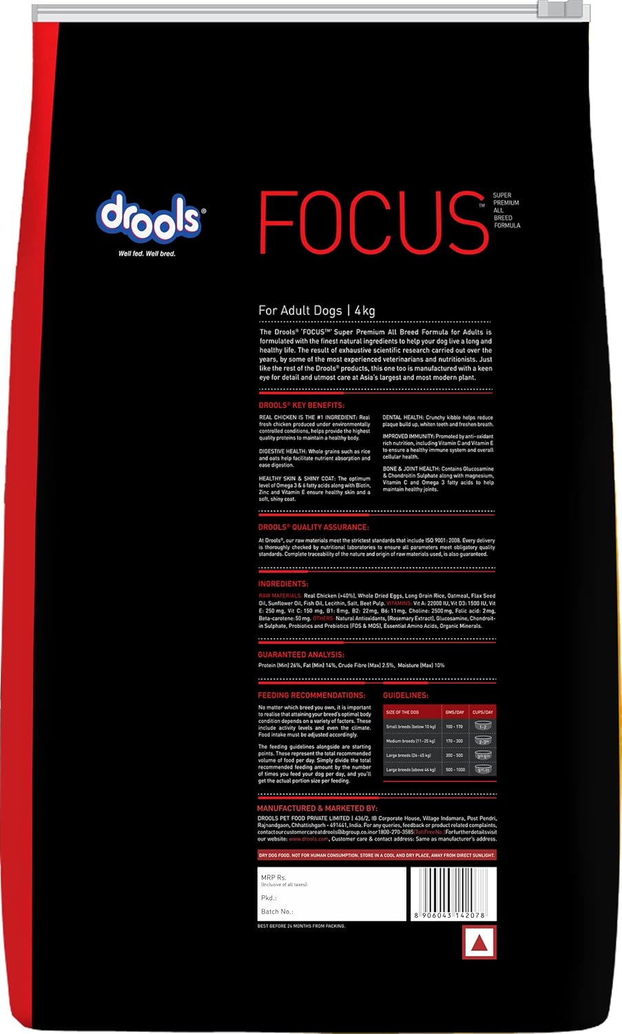 Drools Focus Adult Super Premium Dry Dog Food, 4 KG Pack, Chicken Flavour