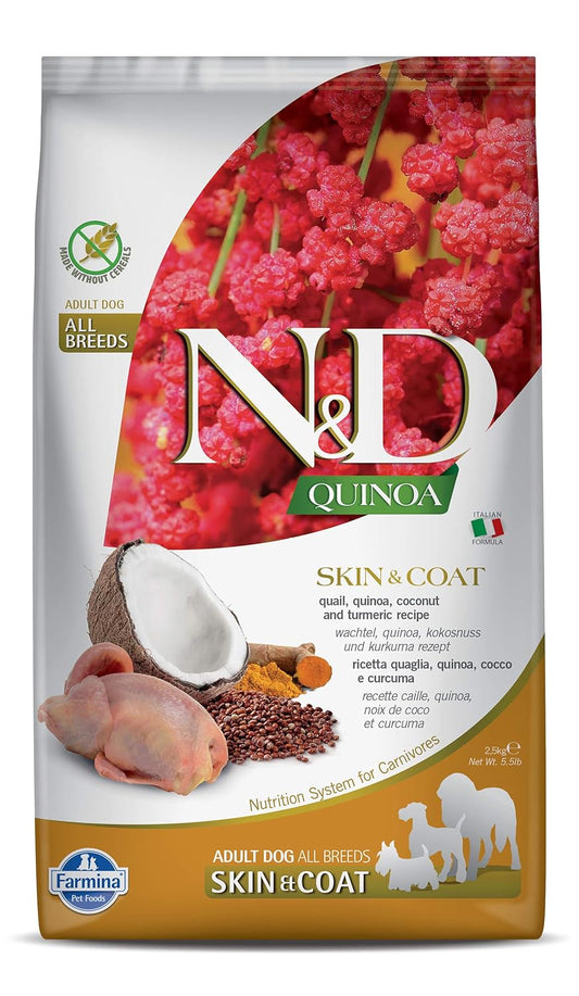 FARMINA N&D Quinoa Skin and Coat Dry Dog Food, Grain-Free, Adult Breed, 2.5 KG., Quail Coconut and Turmeric